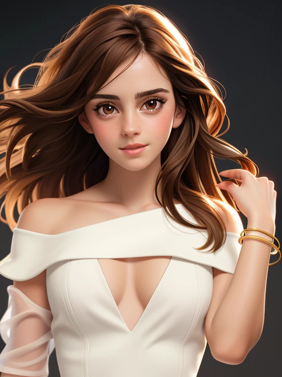 Realistic photo of a beautiful woman 3mm4w-v2, 1 girl, One, long hair, I look at the viewer, Simple background, Brown hair, bare shoulders, Brown eyes, Jewelry, upper body, without sleeves, Gray background, hands up, bracelet, lips, without sleeves shirt, draw up, portrait, realistic, Soft lighting, professional photography, Photorealistic, detailed, RAW, analog, sharp focus, 8K, HD, high quality, masterpiece, chest cutout