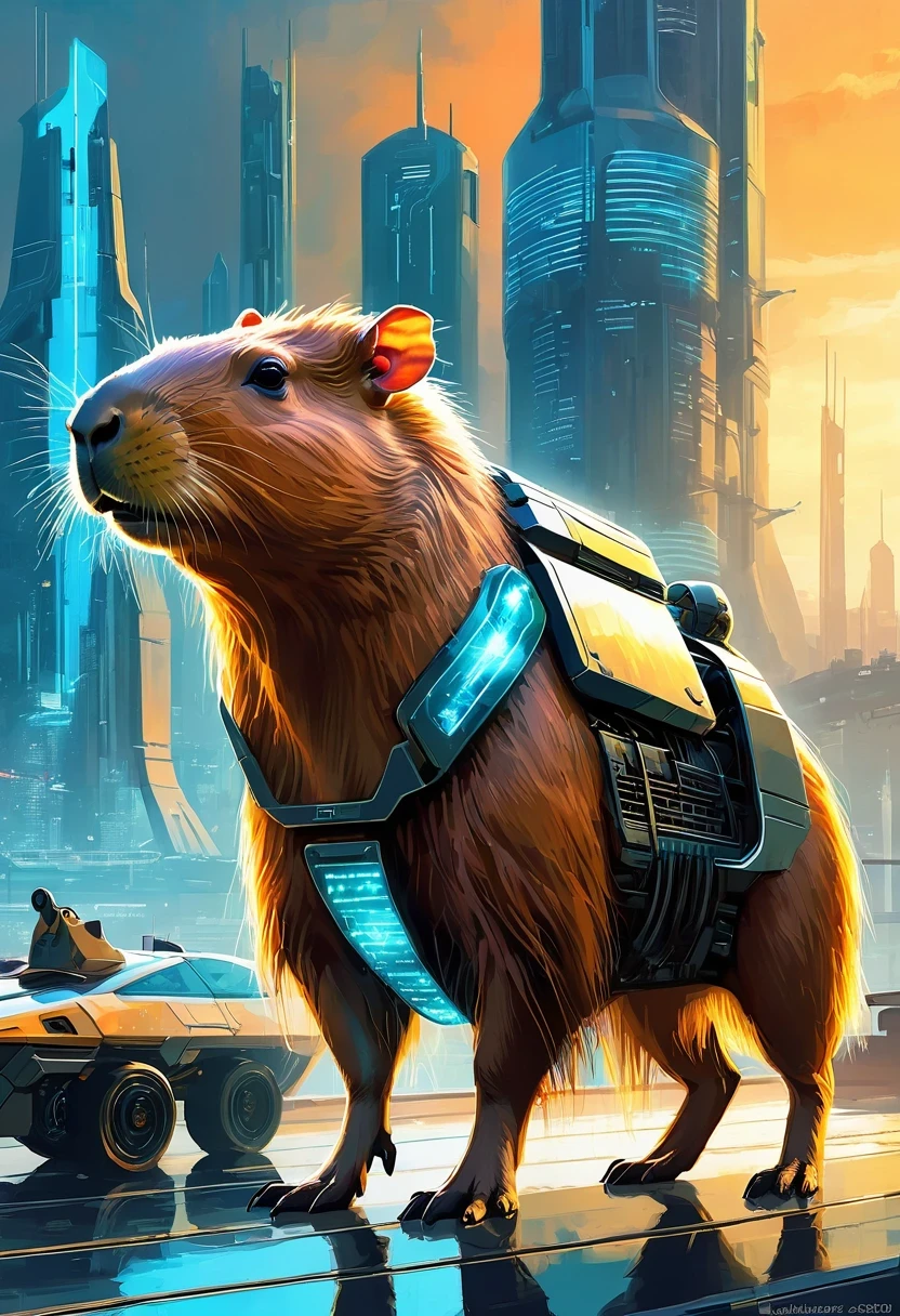 Translucent Ethereal Mechanical Capybara，Capybara Mechanical，Future city background，Beautiful sci-fi art, Sci-fi digital art illustration, Digital cyberpunk art, Sci-fi digital painting, futuristic digital painting, futuristic concept art, In front of sci-fi cityscape, Sci-fi digital art, Advanced digital cyberpunk art, The Magical Cyberpunk Capybara