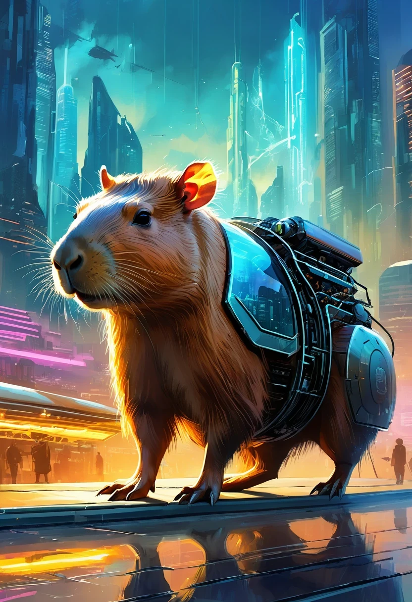 Translucent Ethereal Mechanical Capybara,Capybara Mechanical,Future city background,Beautiful sci-fi art, Sci-fi digital art illustration, Digital cyberpunk art, Sci-fi digital painting, futuristic digital painting, futuristic concept art, In front of sci-fi cityscape, Sci-fi digital art, Advanced digital cyberpunk art, The Magical Cyberpunk Capybara