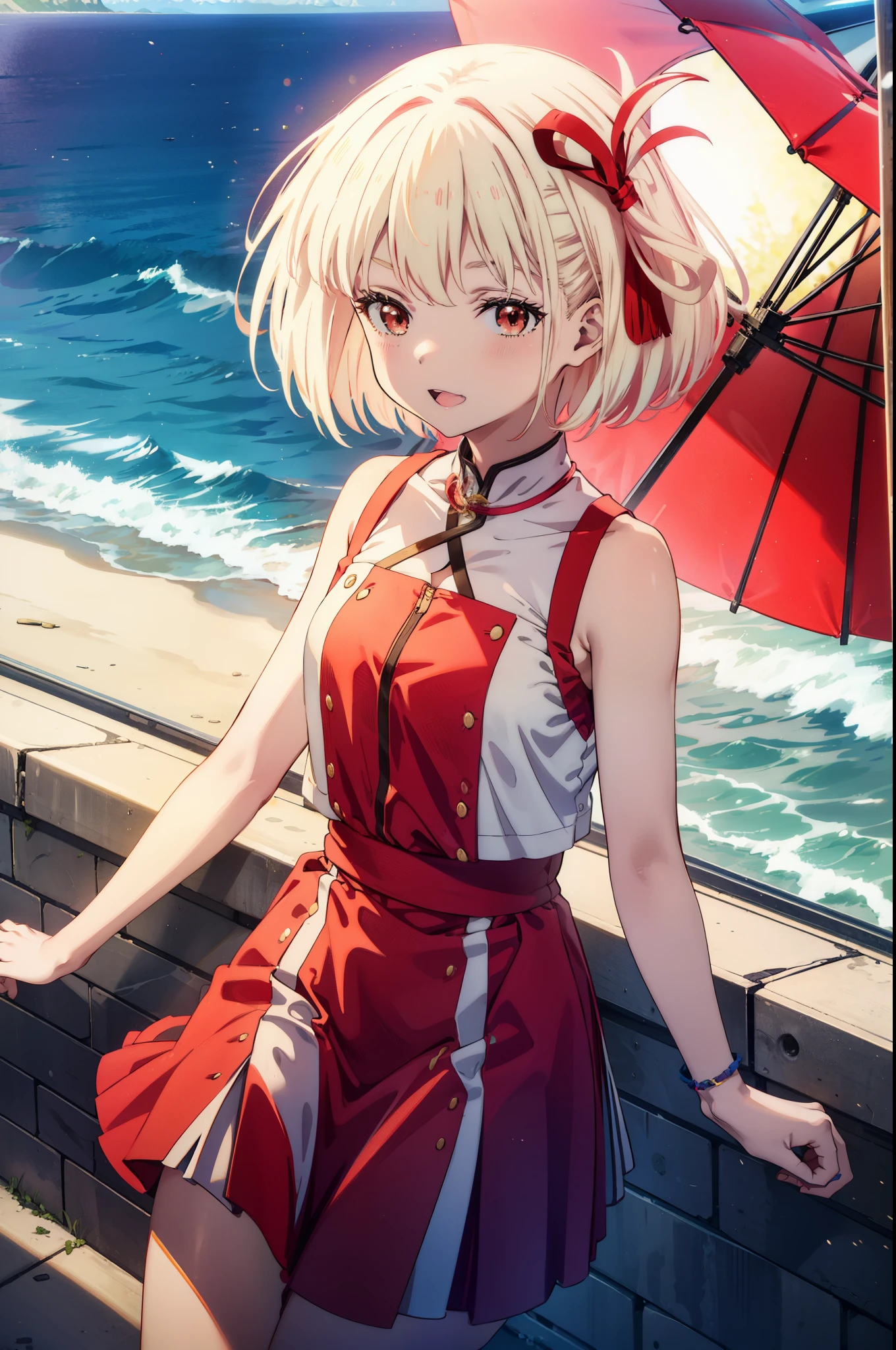 chisatonishikigi, Chisato Nishikigi, short hair, bangs, blonde, (Red eyes:1.5), Hair Ribbon, One side up, Bobcut,happy smile, smile, Open your mouth,smile,blush,Red long skirt dress,Sleeveless,Bare arms,Rocket Pendant,Cute Sandals,White Hat,real summer,sunny,As if your whole body is in the illustration, break outdoors, Coastal Road, break looking at viewer, (Cowboy Shot:1.5), break (masterpiece:1.2), highest quality, High resolution, unity 8k wallpaper, (shape:0.8), (Beautiful details:1.6), Highly detailed face, Perfect lighting, Extremely detailed CG, (Perfect hands, Perfect Anatomy),