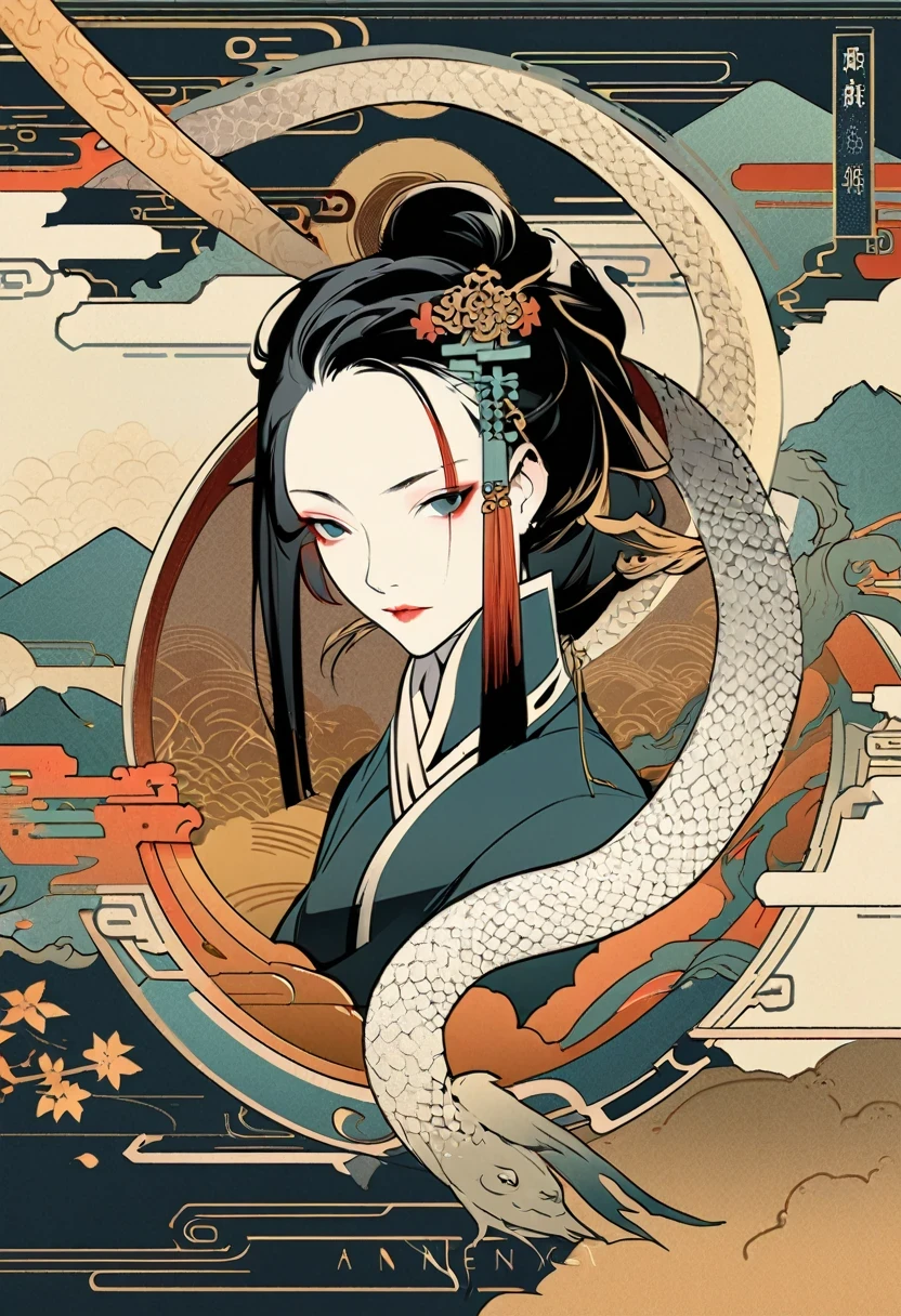 cover page, Four major folk legends of ancient China, The Legend of the White Snake, Bai she zhuàn, flat Design, vector illustrations, graphic illustration, detailed 2d illustration, flat illustration, digital illustration, digital artwork,