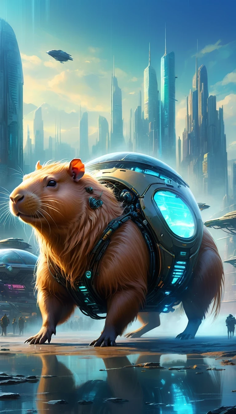 Translucent Ethereal Mechanical Capybara，Capybara Mechanical，Future city background，Beautiful sci-fi art, Sci-fi digital art illustration, Digital cyberpunk art, Sci-fi digital painting, futuristic digital painting, futuristic concept art, In front of sci-fi cityscape, Sci-fi digital art, Advanced digital cyberpunk art, The Magical Cyberpunk Capybara
