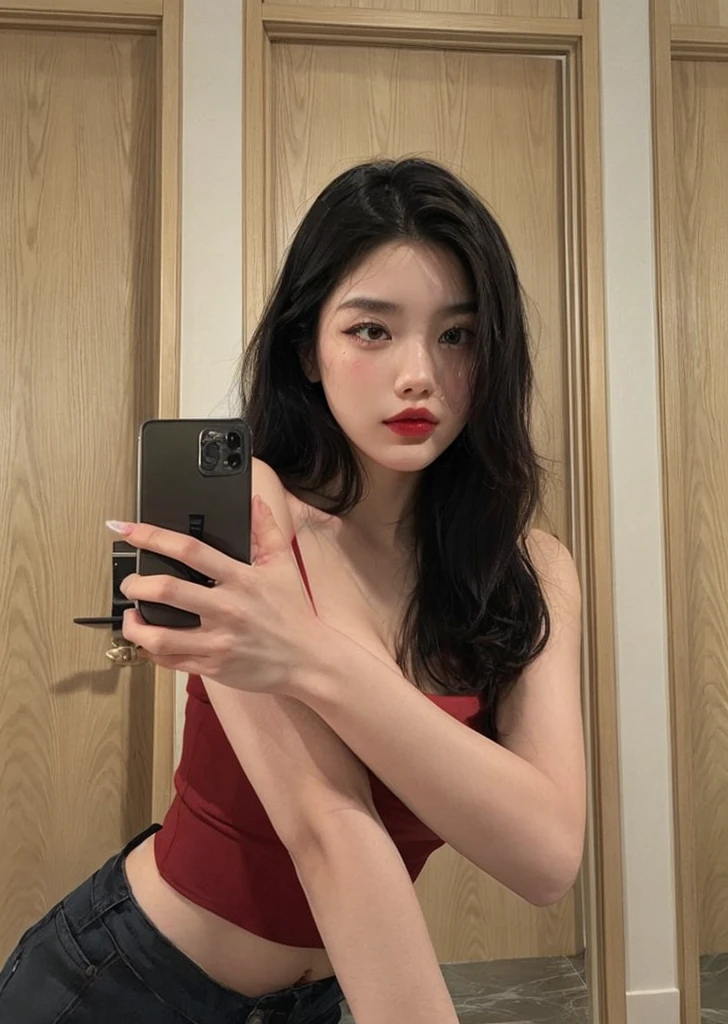 there is a woman taking a selfie in the mirror., Modelo de Instagram, 18 anos de idade, an Asian woman, asian features, Linda modelo chinesa, 21 anos, Xision Wu, 22 anos de idade, look sexy, 2 modelo feminino de 4 anos, ela tem cerca de 20 anos, ela tem cerca de 20 anos, selfie, sensual red lips