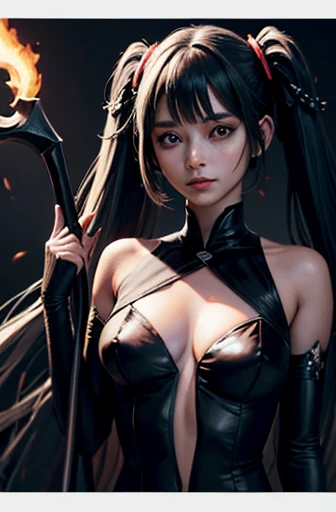 uma mulher, holding a black sickle decorated with Japanese symbols signifying death, a black flame coming out of the decoration, as pontas da foice saem dela ventos negros com fantasmas de caveiras, the best Judy for the face and scythe The woman is wearing appropriate steel scythe clothing, The man's hair is black, the woman is the personification of shinigami, (the background of the CG 8k module is very detailed) (melhor qualidade), (best illustration), (melhores tons), very detailed t --v6 ee wearing panties and bra.