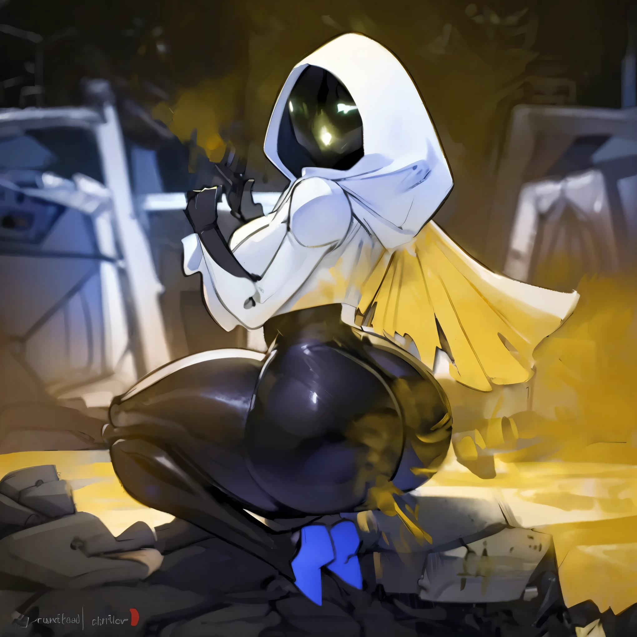 Robot girl, hips, wearing a hood with a cape, perched on a rock, shoreline, beautiful thighs, curvaceous butt, captivating legs, cool robotic mask, super tall, one person, ass support, holding staff, (best quality,4k,8k,highres,masterpiece:1.2), ultra-detailed, (realistic,photorealistic,photo-realistic:1.37), HDR, UHD, studio lighting, ultra-fine painting, sharp focus, physically-based rendering, extreme detail description, professional, vivid colors, bokeh, portraits, landscape, horror, anime, sci-fi, photography, concept artists, warm color tone, vibrant lighting, ((fart,farts,farting))