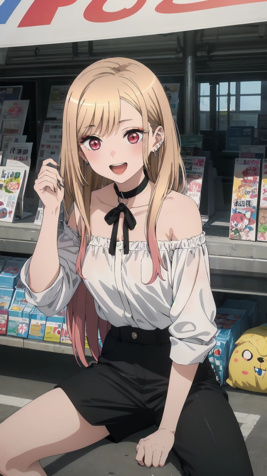(((Pixel Perfect, Perfect detail))),
Kitagawa Marine SB,
1 girl, alone, teeth, Bright smile, Earrings,
Long Hair, blonde, Red eyes, Colorful Hair, Black Ribbon, black collar,
Black shorts, White shirt, Off the shoulder, tuck your shirt in,
Permanently installed, Looking at the audience,
outdoor activities, Roll up your skirt, Spread your legs,White panties, Japan&#39;s famous Comic Market, Many cosplayers, Mr.々Cosplay