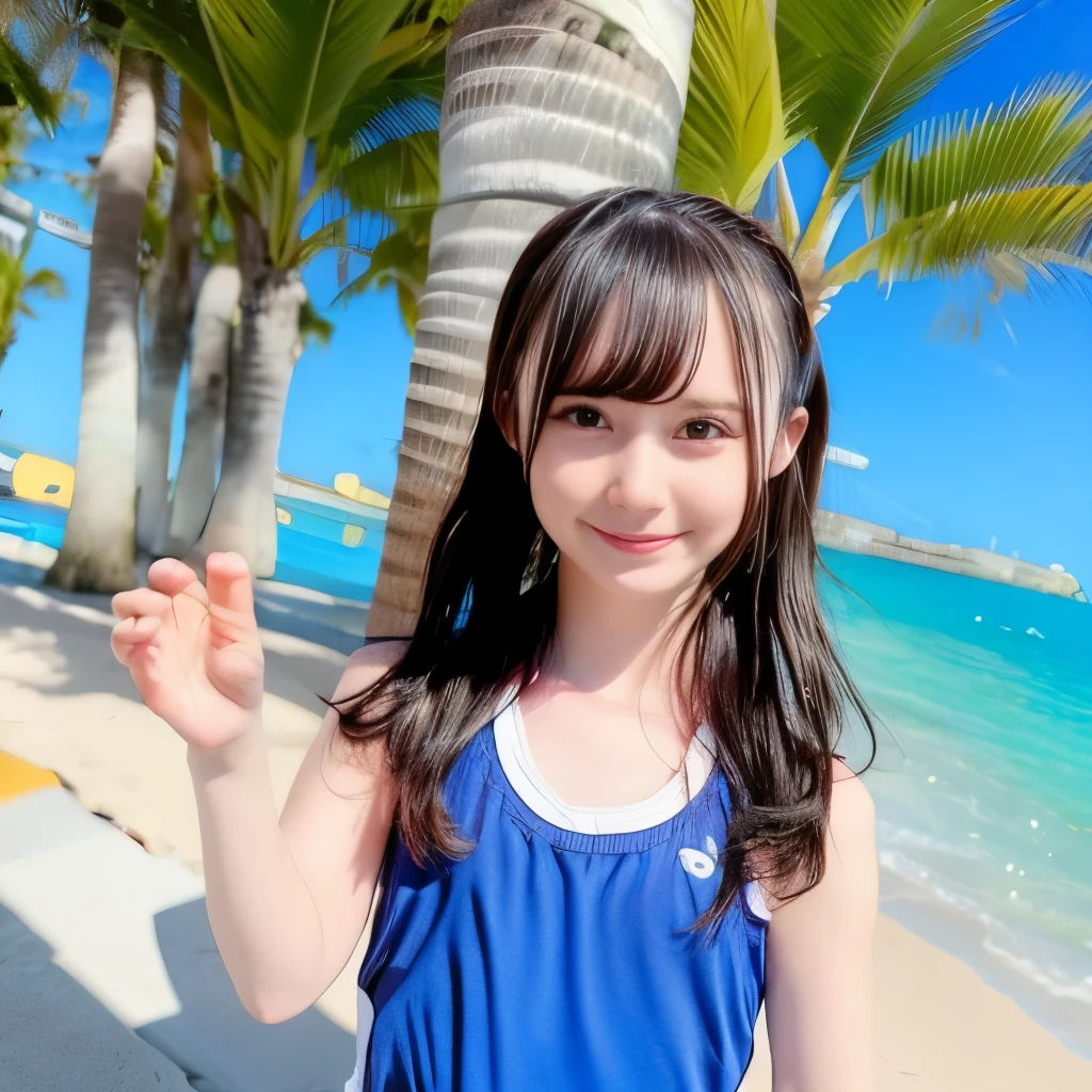 bright、cute、Official photo、smile、Shine、Overexposed、Japanese School Swimsuit、Beach、Palm trees in the background