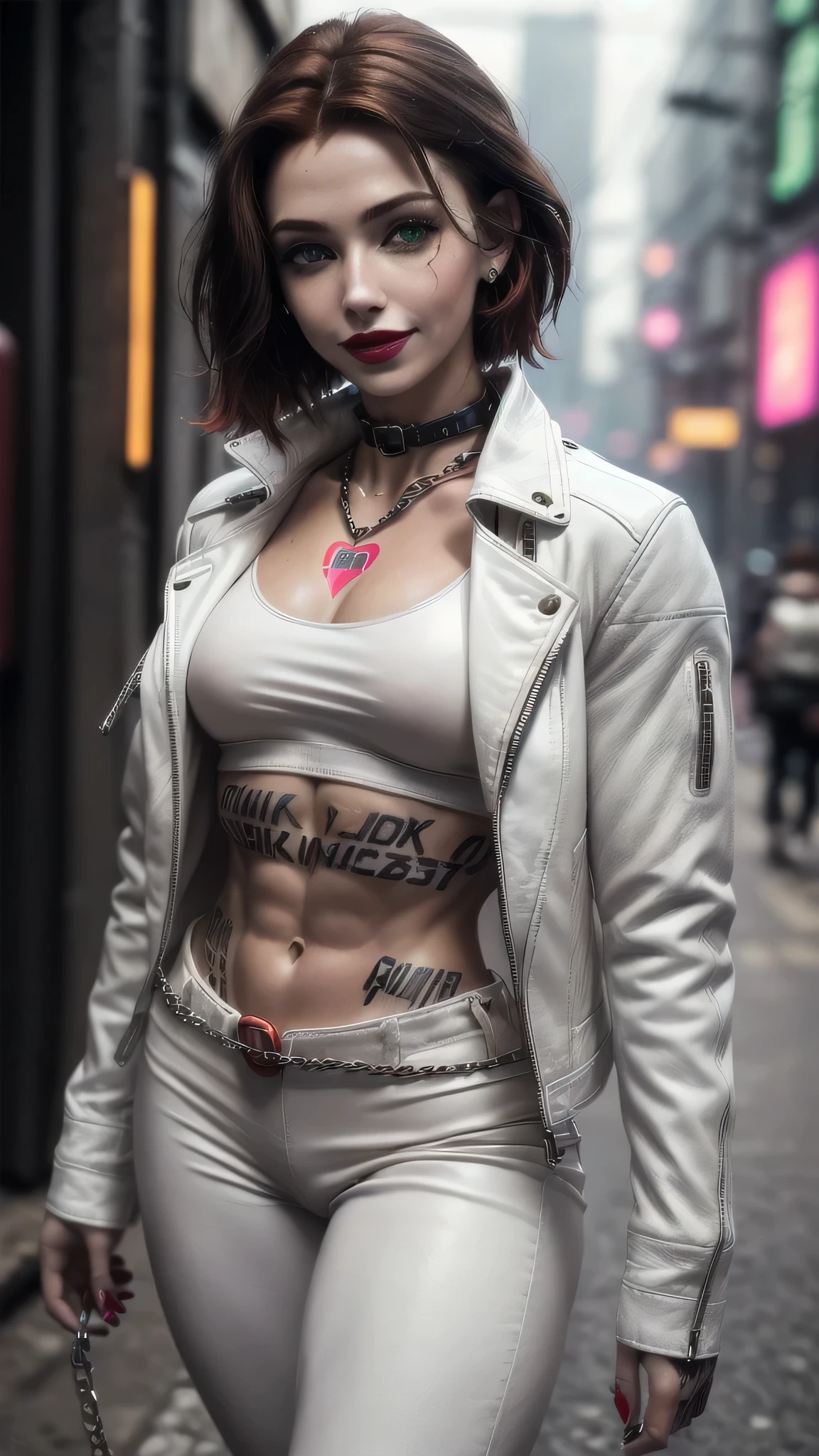 (masterpiece), (extremely intricate:1.3), (realistic), female, 19 years old, ((((([small breasts:large breasts:0.8], short [dark hair:bright ginger hair:0.7], solo, 1girl, smiling red lipstick, (bodybuilder, abdominals), cyberpunk street))))), metal reflections, outdoor, intense sunlight, golden hour, professional photograph of a stunning girl detailed, sharp focus, dramatic, award winning, cinematic lighting, volumetrics dtx, (film grain, blurry background, blurry foreground, bokeh, depth of field, interaction), 8K, ((smirking, (green eyes, dark eye makeup))), ((body tattoo: 1.2)), ((fujicolor, god rays)) BREAK; BREAK ((((white leather jacket, collar, chains), leather pants, black t-shirt), hyperrealistic, absurdres))