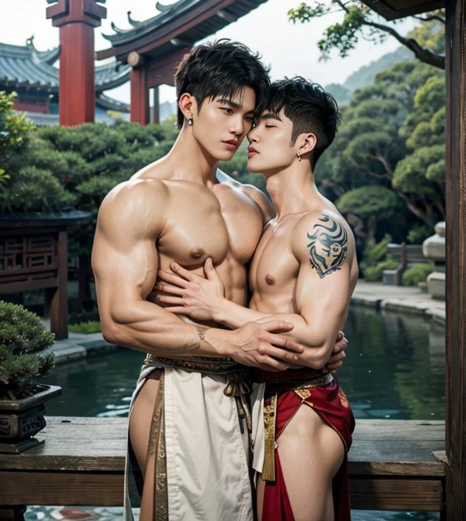 2 Handsome chinese guy kissing, smilling at each other, bare chest , show the abs, 20 years old,hug, cuddle, touching lips, skin ship, romantic,  Asian, chinese hansome actor, kpop idol, handsome male model,manly, master work, best picture quality, higher quality, high detail, super high resolution, 8k resolution, perfect clear light,perfect eyes, perfect skin, manly jawline, manly chin, perfect hands, big  chest muscles,  bare chest, big juicy butts, tattoos chest, tattoo hands, tattoo legs, tattoo back, tattoo arms,earings, ancient pendents,  braceles, glowing eyes, short hair, hair details, detailed background , open Hanfu transparent (see throught), skinny short,super sexy loincloth, detailed perfect abs, Chinese garden background, Chinese kung fu,skinny dragon-themed costumes, spinning floating particles, chinese temple in background,