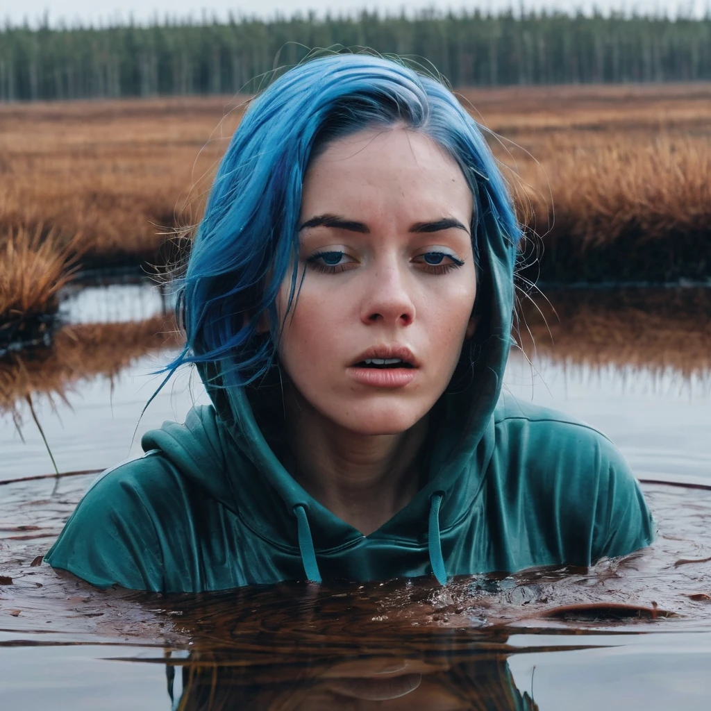 An woman with blue hair and a hoodie drowning in bog