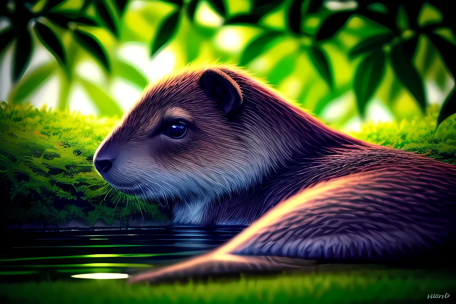 (best quality,4k,8k,highres,masterpiece:1.2),ultra-detailed,(realistic,photorealistic,photo-realistic:1.37),a cute capybara in a lush green garden,fluffy fur,curious eyes,lazy resting posture,gentle expression,wet nose and whiskers,playful splashing in the water,green grass and colorful flowers,sunlight filtering through the trees,natural surroundings,peaceful atmosphere,portrait,harmonious color palette,soft lighting,captivating nature scene