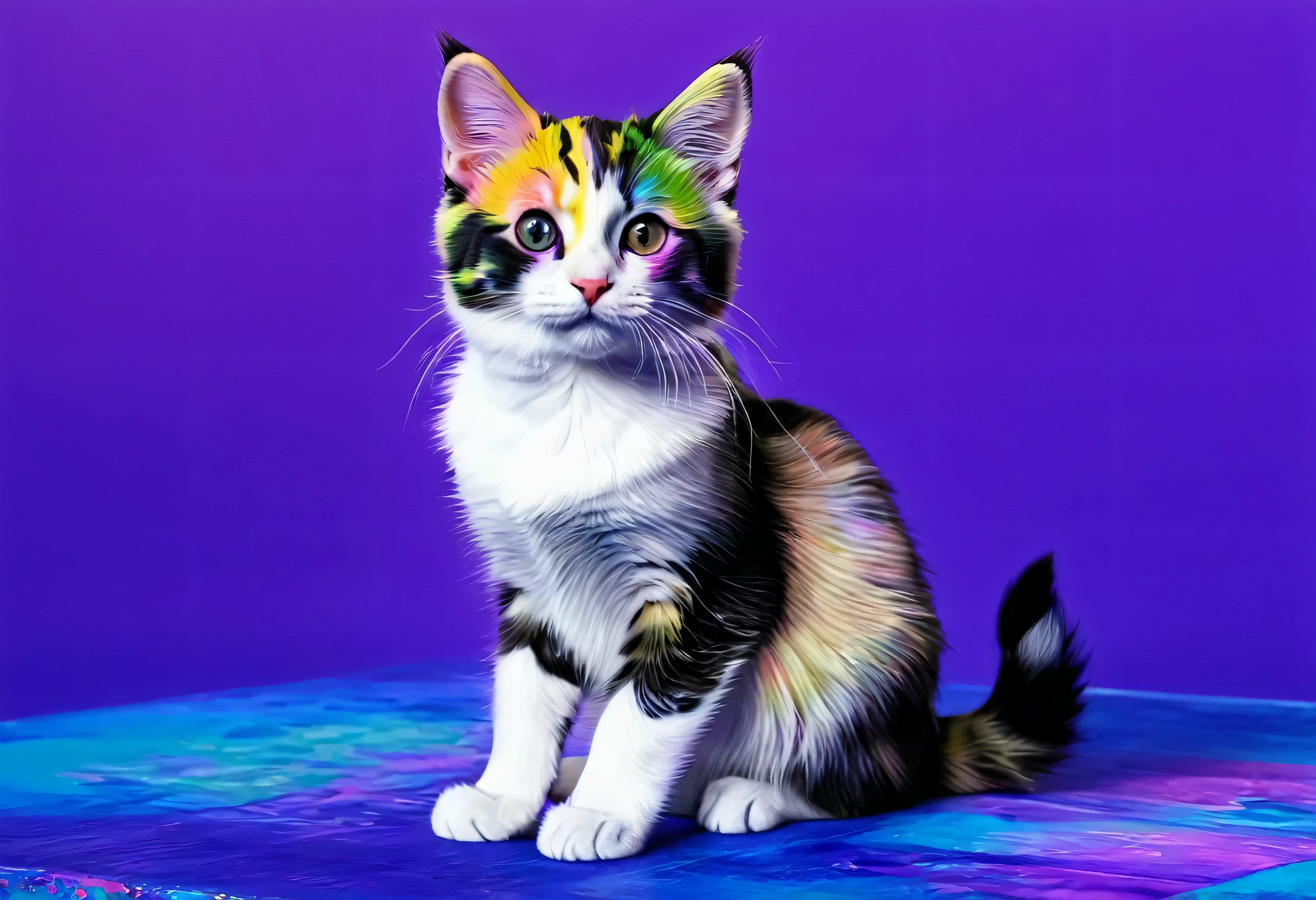 Brightly colored kitten sitting on a purple surface with a blue background, Pop art drawings inspired by Lisa Frank, Trending on Pixabay, fur art, portrait of lisa frank, Lisa Frank Style, Detailed painting 4k, Cute Colorful Adorable, Colorful HD images, In the art style of Lisa Frank, Lisa Frank style, Lisa and Frank, drawn in high resolution