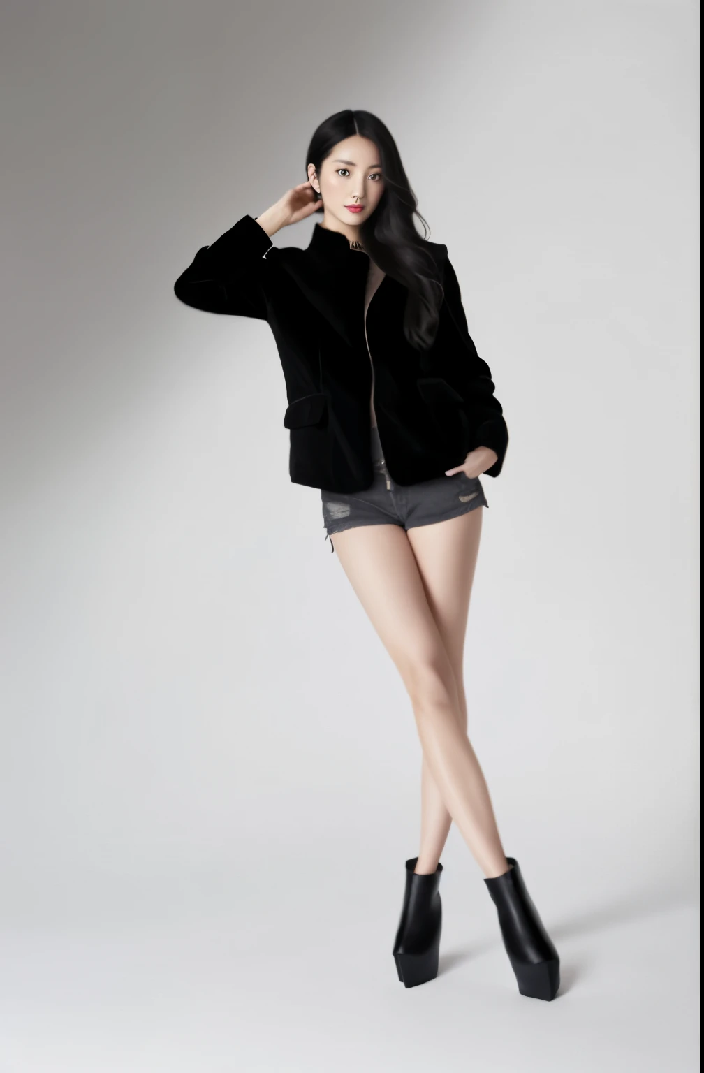 Full body portrait,Japanese women、Beautiful Face、Long black hair、Black coat、Micro Shorts、Beautiful feet、Foot length、barefoot、black stiletto heels、expensive