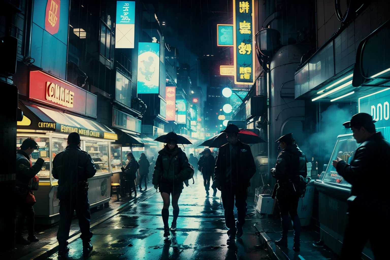 ((highest quality)), ((masterpiece)), (be familiar with), (High definition), (Accurate), (Realistic), (Cinematic), (Best Shadow), (Low contrast), (8K), Perfect Face, ((SYD MEAD style)), manga、mangaデザイン、Storyboard、Frame division、(Two police officers from the Metropolitan Police Department)、((A middle-aged inspector and a young constable))、Face to face、She wasn't the girl I was looking for.、(Glittering neon signs)、congestion, congestion, Decadent Future City, NEO TOKYO, A.D.2051, (steam:1.2), It's raining white, evening,