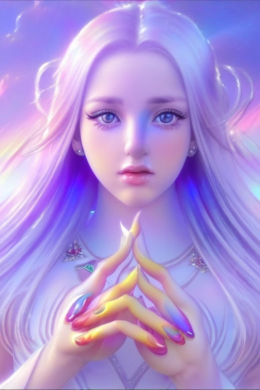 (masterpiece:1.4), (highest quality:1.4), (Very cute angel girl, Highly detailed face, Jewel-like eyes, White very long hair:1.4), (Colorful gradient hair:2.0), (Angel Halo:1.4), (Dynamic pose:1.4), (Dynamic Angle:1.4),
break,
(Detailed Background:1.4), ultra-Detailed Background, (Purple light effect:1.4), (Floating light blue clouds:1.4), (Floating blue flowers:1.4),
break,
(Perfect Anatomy, Perfect hands:1.4), (Five perfect fingers:1.4), (Four perfect long fingers and a perfect short thumb:1.4), (The thumb is shorter than the other four fingers:1.4), (two perfect arms:1.4), (Perfect two-legged:1.4),