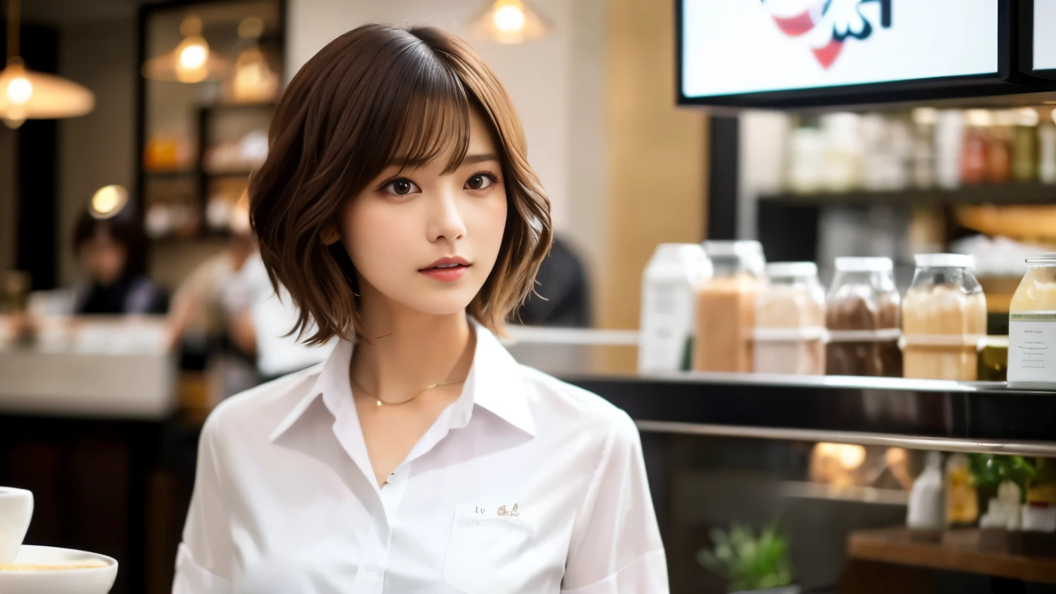super high quality, Fashion Model, Short Hair, Slender, The staff is working at the counter in the back., (8k、RAW Photos、highest quality、masterpiece:1.2), Japanese Idol, Serious expression, Shaggy, Brown Hair, Stylish café, Fashion magazine shooting, (Realistic、Photorealistic:1.37), Beautiful Face , Mesh Hair, Normal chest, Urban Cafe, Golden Ratio, A gentle gaze, Spring Clothes, Beautiful hairstyle, White Shirt, Neat clothes,