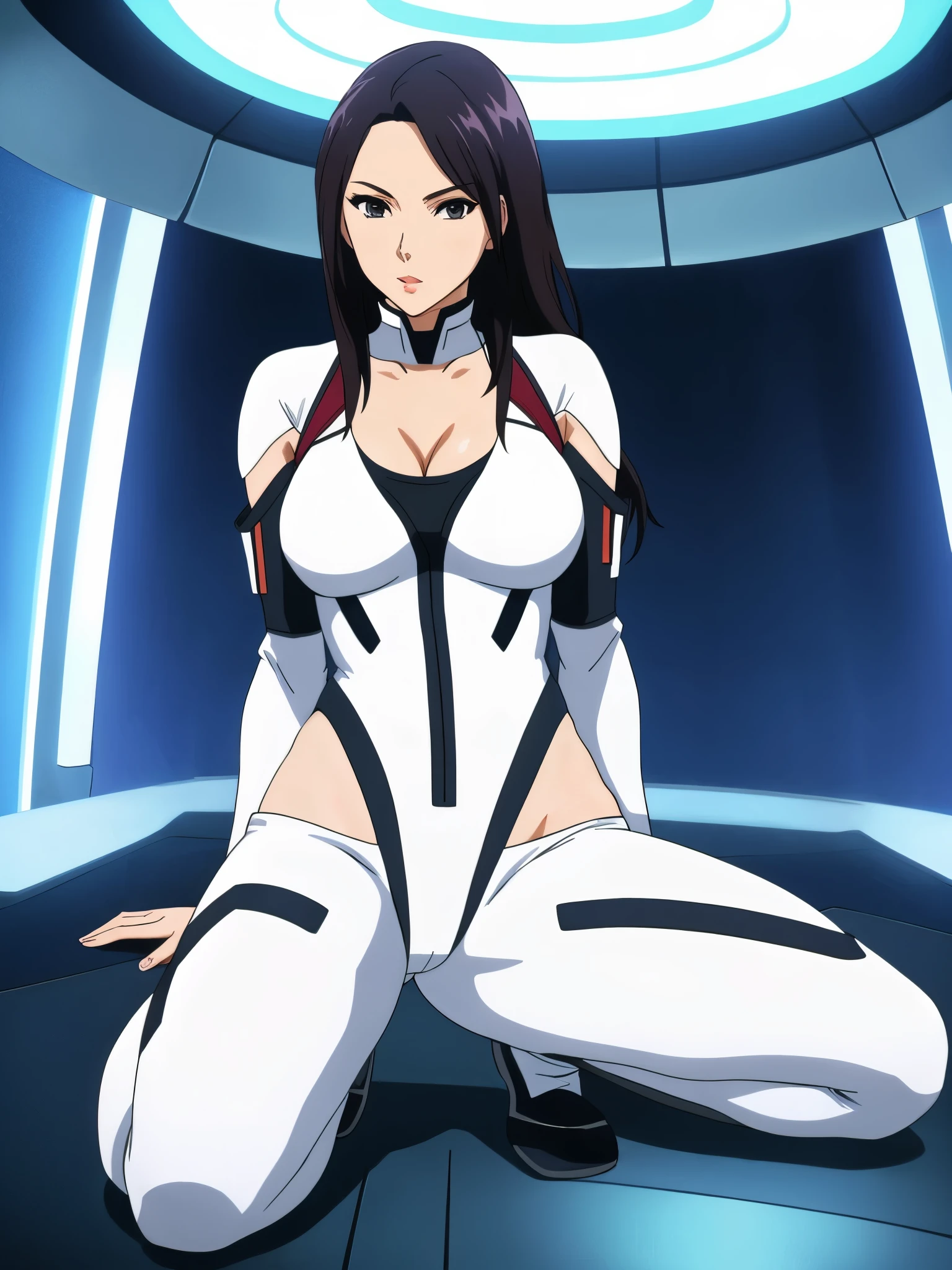 Lexa Doig, masterpiece,  leotard, full body shot,  cleavage, gorgeous woman, clone,  tight clothes, sleek futuristic outfit