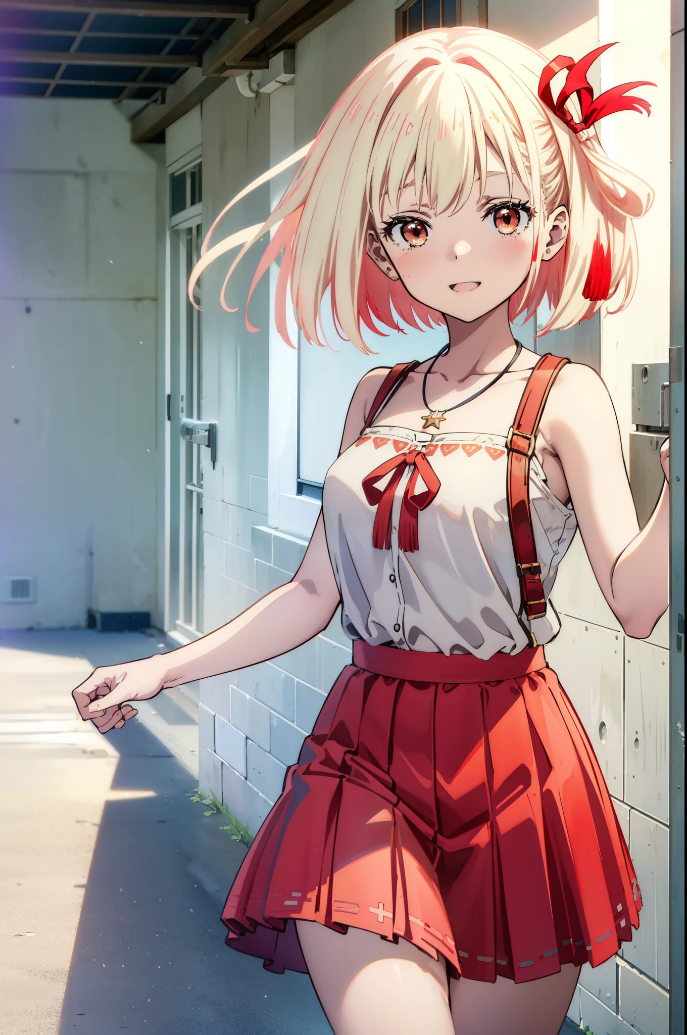chisatonishikigi, Chisato Nishikigi, short hair, bangs, blonde, (Red eyes:1.5), Hair Ribbon, One side up, Bobcut,happy smile, smile, Open your mouth,smile,blush,Red long skirt dress,Sleeveless,Bare arms,Rocket Pendant,Cute Sandals,White Hat,real summer,sunny,As if your whole body is in the illustration, break outdoors, Coastal Road, break looking at viewer, (Cowboy Shot:1.5), break (masterpiece:1.2), highest quality, High resolution, unity 8k wallpaper, (shape:0.8), (Beautiful details:1.6), Highly detailed face, Perfect lighting, Extremely detailed CG, (Perfect hands, Perfect Anatomy),
