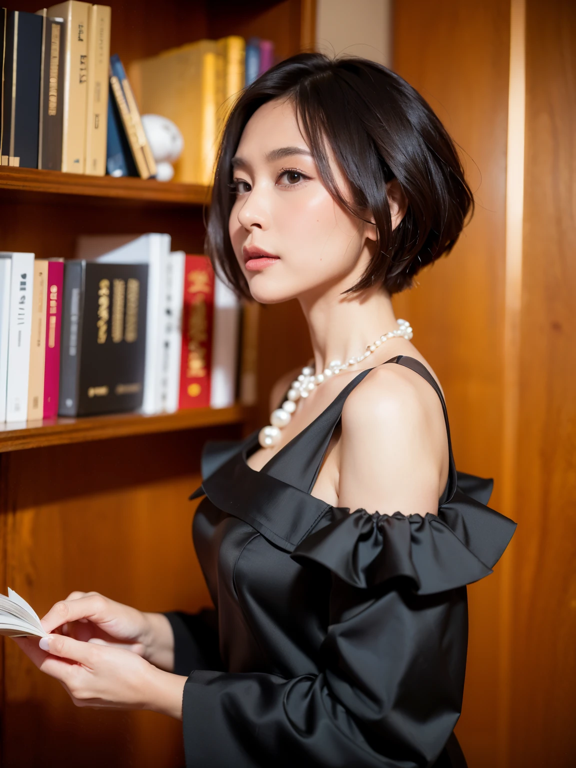 (highest quality, 8k, 32k, masterpiece, Ultra-high resolution:1.2),Beautiful Japanese Women Photos, (D cup breasts:1.4), very short bob hair,Upper Body,Face Focus,(black formal blouse:1.4)、black ruffle blouse,(Pearl Necklace:1.4), (A large library bookshelf in the background:1.3), The viewer is looking at her from the side, Watching the audience