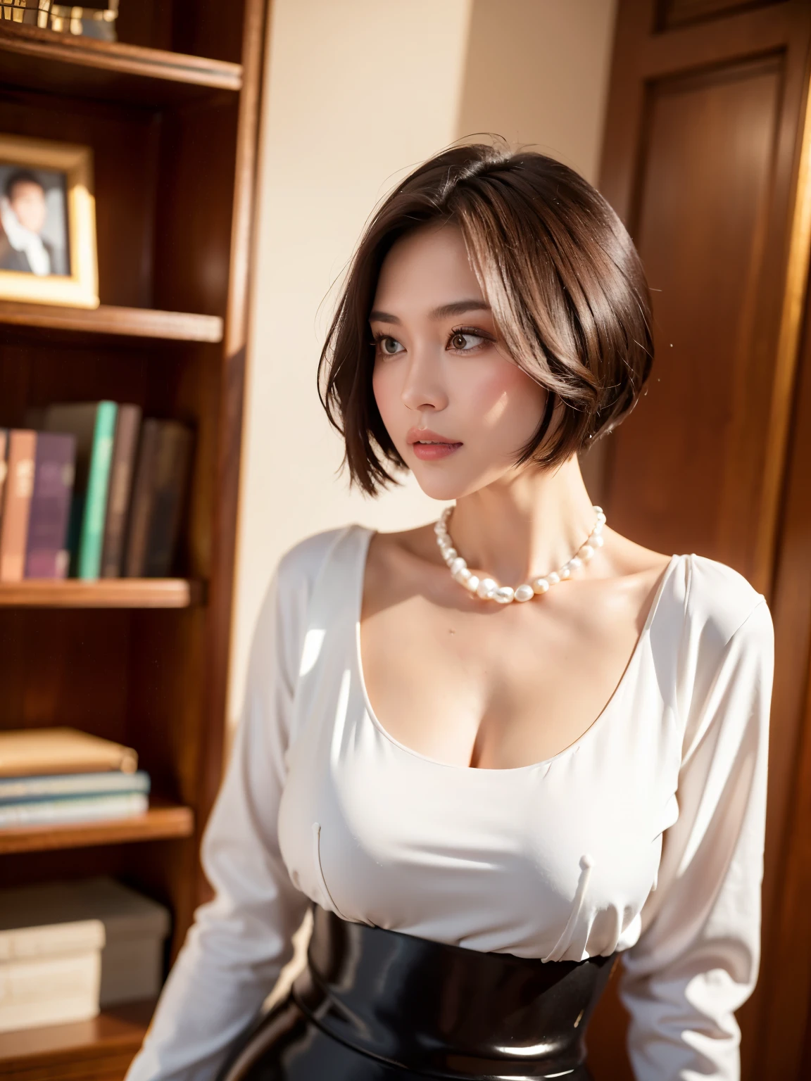 (highest quality, 8k, 32k, masterpiece, Ultra-high resolution:1.2),Beautiful Japanese Women Photos, (D cup breasts:1.4), very short bob hair,Upper Body,Face Focus,(black formal blouse:1.4)、black ruffle blouse,(Pearl Necklace:1.4), (A large library bookshelf in the background:1.3), The viewer is looking at her from the side, Watching the audience