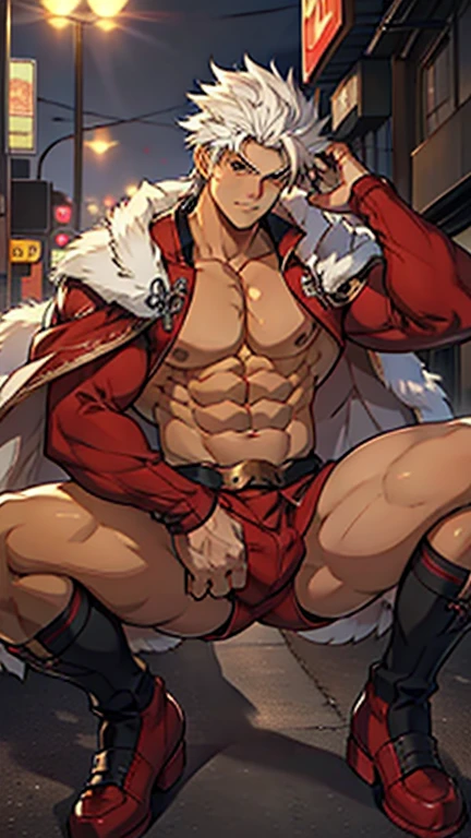 Highest image quality，men，，1 boy，young and handsome，Show，White hair，Short flat hair on top，dark skin，anime big breasts，Anime wallpaper，One，in the spotlight，underpants，Expansion of the pectoral muscles，increase in mound in panties, red cloak，very bulging crotch，city background，spread your legs，sexual,(masterpiece, Best quality),long white sockartin&#39;s red boots，