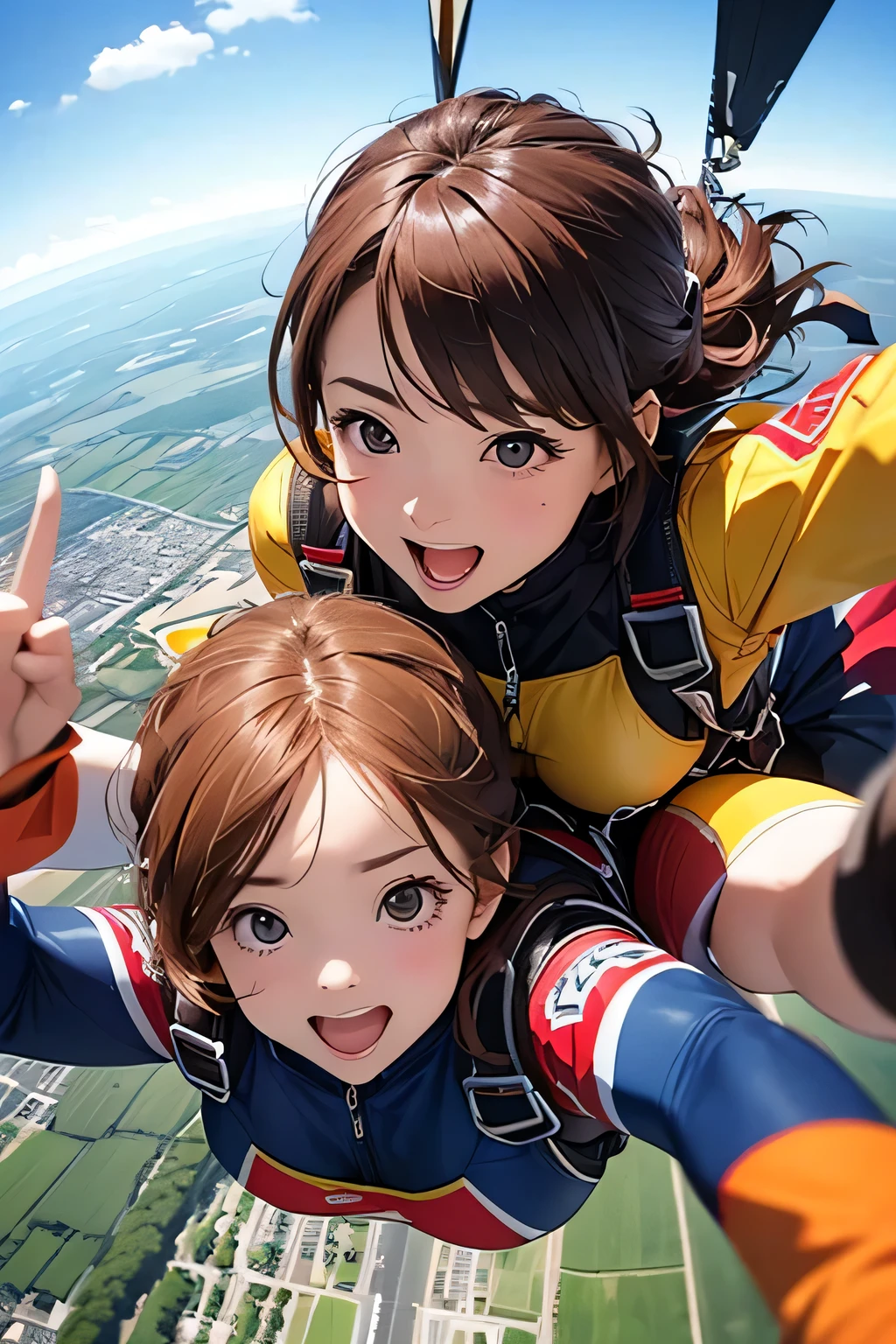highest quality、High resolution、Detailed Background、Beautiful face in every detail、Anatomically correct、(Draw a normal number of fingers:1.2)、(Detailed facial expressions:1.2)、age beauty、Huge breasts、Perfect body line、Cute color hair color、Braided long hair、Braided Ponytail、Braided Hairstyles、Wavy Hairstyle、well-groomed eyebrows、Super height、
(Excited beautiful girl enjoying thrilling activity at super height:1.5)、
I'm extremely excited、Ultra high tension、Uplifting、
I'm very excited the moment an airplane door is opened and I'm thrown into the air、
The strength of the wind and the sense of altitude The feeling of free fall you experience for the first time heightens the excitement、
The free fall from jumping off an airplane until the parachute opens is thrilling and excited-boosting、
You can test your own limits and courage while feeling the feeling of falling at a high speed and changes in the surrounding scenery、
The moment the parachute opens after completely turning from free fall, the speed decreases all at once and it shifts to a quiet atmosphere、this moment is a mixture of excitement and relief、
After the parachute opens, you can enjoy the feeling of slowly flying through the air、
The feeling of floating in the wind and taking a walk in the air while admiring the beautiful scenery also heightens the excitement、
The last step in skydiving is the moment you land safely on the ground、
You can enjoy the excitement by using a parachute to glide and timing your landing、
The skydiving experience will give you the excitement and excitement you'll never forget、
Let's jump together and make memories in the air with two or more partner jumps, such as couples or parents、
The pets we skydive with are cute too、
If you prepare the right equipment such as a small dog or cat and jump together, the pet's facial expressions and reactions are fun、
A group that skydives with friends and friends coexists with cuteness and fun、
The sight of everyone jumping into the air together is so colorful and cute、
You can also choose cute characters and colorful patterns to design your parachute、You can enjoy loveliness and excitement at the same time as the sight of big cute characters and patterns spreading in the air、
Skydiving is a thrilling and adventurous activity, but don't forget to incorporate smiles and cuteness、
Pair a sporty top with colorful shorts、
Choose bright colors or patterns for tops、
A freestyle jumpsuit is the perfect item for skydiving、
You can show off your cuteness by choosing a design with a colorful pattern or embroidery、
Pair an oversized t-shirt with colorful leggings、
Choose T-shirts with cute characters or logos printed on them、
Choose sporty sneakers that are comfortable to wear、
It's stylish and cute when you incorporate accessories such as caps and sunglasses、
Don't forget to choose the right equipment to ensure ease of movement and safety