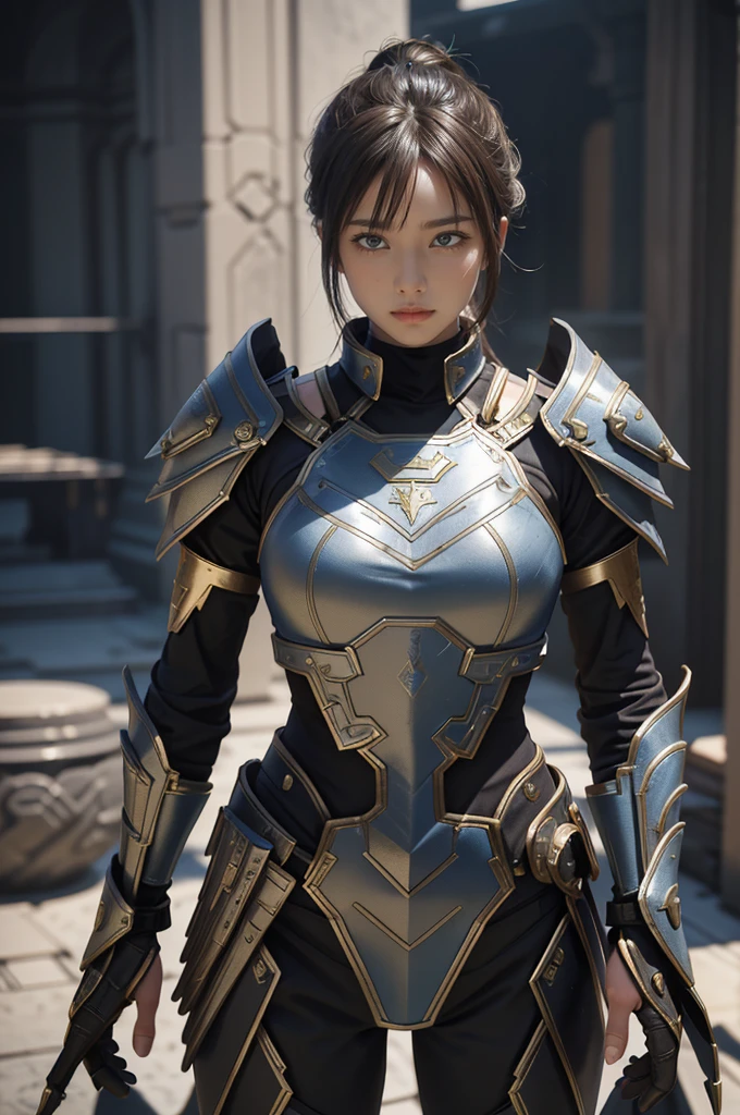 Game art,The best picture quality,Highest resolution,8K,(A bust photograph),(Portrait:1.5),(Head close-up),(Rule of thirds),Unreal Engine 5 rendering works, (The Girl of the Future),(Female Warrior),
20-year-old girl,An eye rich in detail,(Big breasts),Elegant and noble,indifferent,brave,
(Future style combat suit combining the characteristics of ancient armor,Ancient runes of light,Combat accessories with rich details,Metallic luster),Future police officer,Cyberpunk Characters,
Photo poses,Simple background,Movie lights,Ray tracing,Game CG,((3D Unreal Engine)),oc rendering reflection pattern