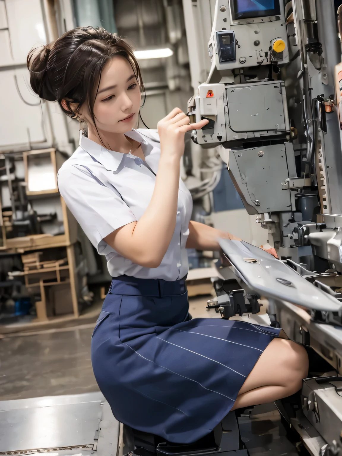 a women, wearing work clothes, skirt, panties, straddling to hit her crotch on exposed pipe, open legs, raise leg, masturbation, ecstasy, in the factory, machines, ceiling, nameplate, id card, see through blouse, ecstasy face,