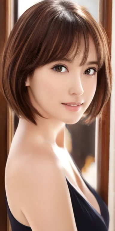 masterpiece、highest quality、High resolution、Tabletop、wallpaper、Realistic、Bright lighting、Professional Lighting、Face Light、Smooth lighting、Japanese women、Adult、Beautiful woman、action、gravure、sexy、poor、so beautiful、Beautiful Skin、Beautiful and detailed、Detailed face、slim、moderately、short hair、Brunette colored hair、Brown eyes、Looking at the camera、I have a lemon