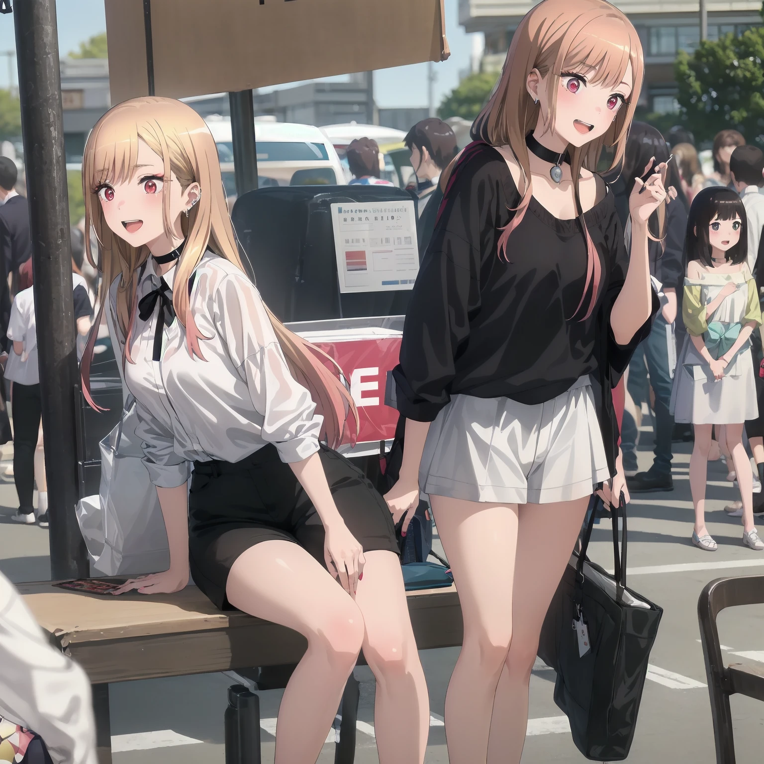 (((Pixel Perfect, Perfect detail))),
Kitagawa Marine SB,
1 girl, alone, teeth, Bright smile, Earrings,
Long Hair, blonde, Red eyes, Colorful Hair, Black Ribbon, black collar,
Black shorts, White shirt, Off the shoulder, tuck your shirt in,
Permanently installed, Looking at the audience,
outdoor activities, Roll up your skirt, Spread your legs,White panties, Japan's famous Comic Market, Many cosplayers, Mr.々Cosplay