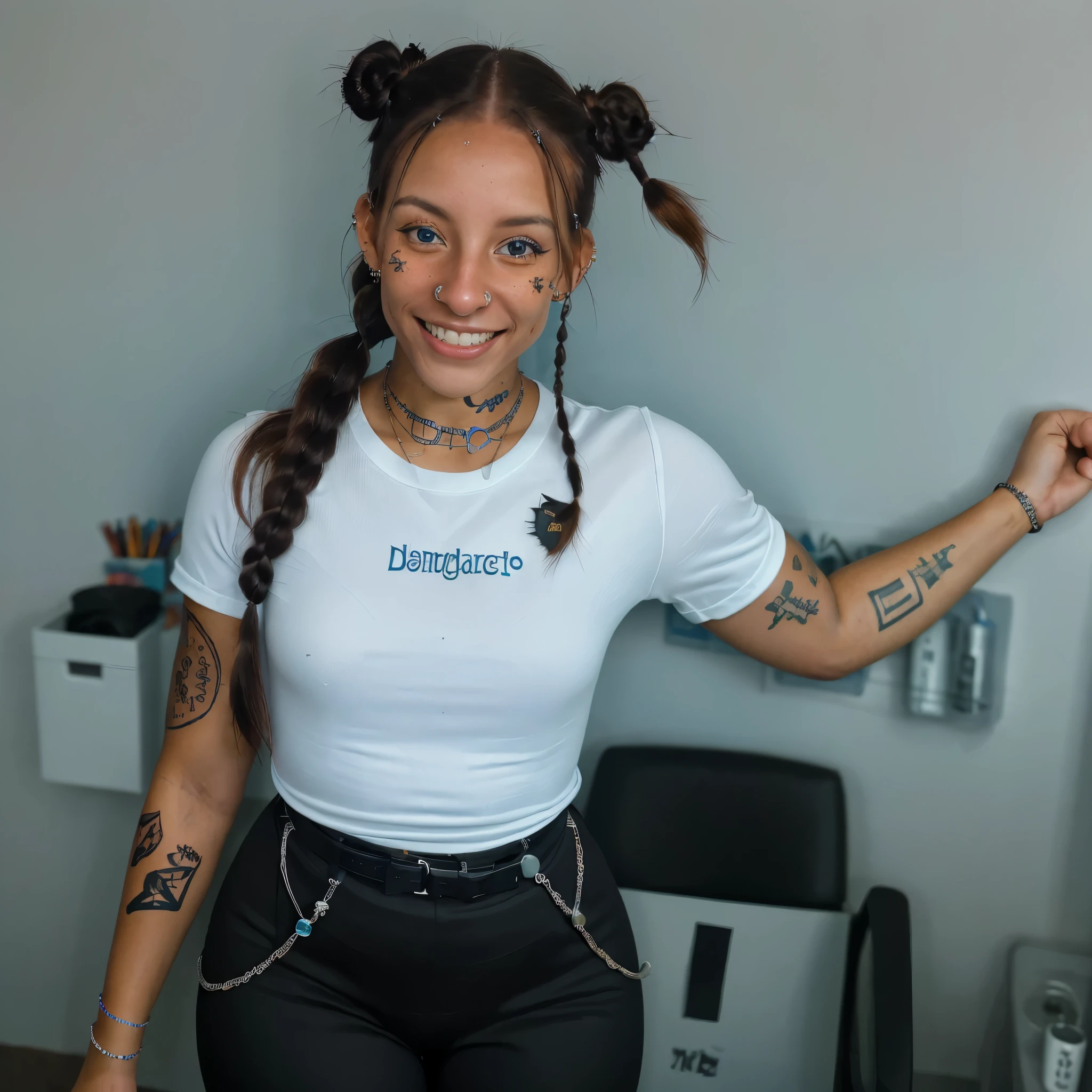 1 girl, young black woman, eberne girl, African black complexion, beautiful and smiling, detailed blue eyes, white teeth, detailed smile in an African city, detailed tattoos, photo of twofacedkimmy, professional office outfit, ponytail hairstyle pig.