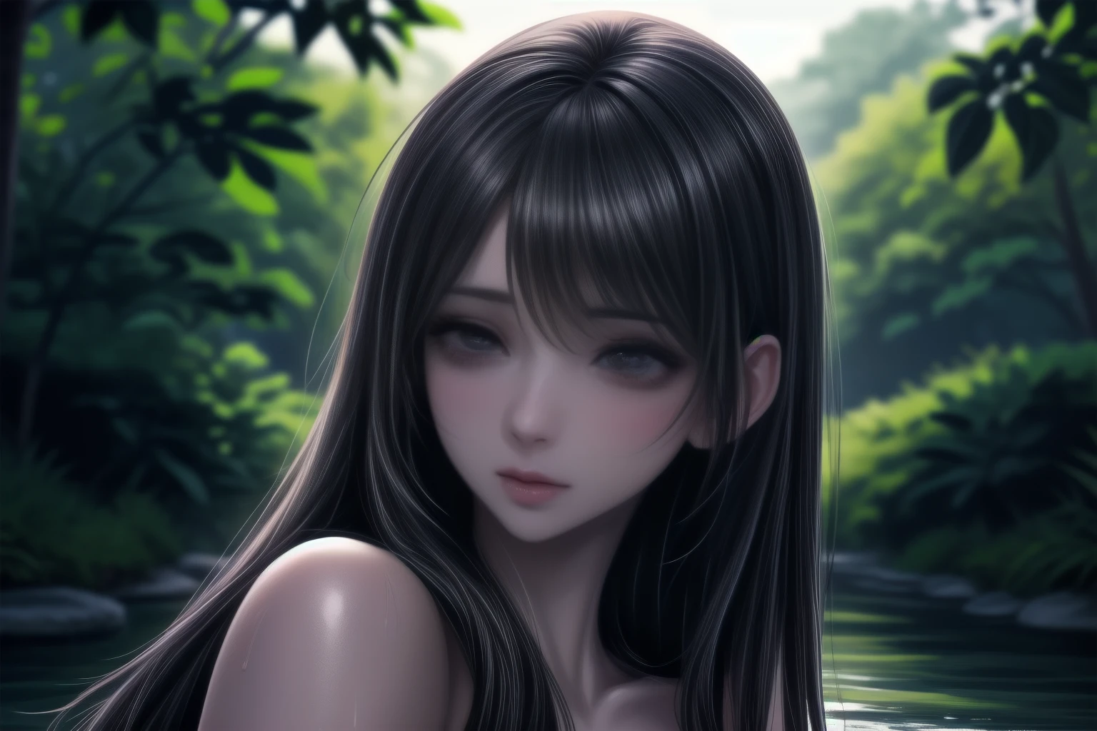 ((in the woods at night)), ((全裸の女性)),((fullnude:1)),  ((Waterfall in a very dark forest:1)), ((Bathed in moonlight from behind:1))、((Beautiful naked woman waist-deep in a pool at the base of a Japanese waterfall))),((beautiful woman standing in the middle of the pond:1)),((Beautiful naked woman in a beautiful pool at the foot of a waterfall)),  ((Sharp bewitching eyes))、((Obscene atmosphere))、pale skin、(Nipple bumps:1), (((1 girl in:1))), ((pale skin))、Melancholy beautiful face、Beautiful expression、Sexy face、Nipple bumps, (((Lower breast)))、(((Beautiful breasts ))), Beautiful 、Super fine face、Delicat eyes、(Double eyelids)、 (((1 Japan Woman:1)))、 Beautie, 20yr old,