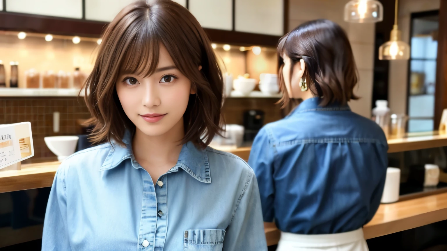 super high quality, Fashion Model, Short Hair, Slender, The staff is working at the counter in the back., (8k、RAW Photos、highest quality、masterpiece:1.2), Japanese Idol, Serious expression, Shaggy, Brown Hair, Stylish café, Fashion magazine shooting, (Realistic、Photorealistic:1.37), Beautiful Face , Mesh Hair, Normal chest, Urban Cafe, Golden Ratio, A gentle gaze, Spring Clothes, Beautiful hairstyle, Neat clothes, Denim shirt, 
