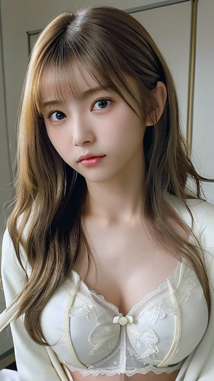 1 girl, Very bright backlight, alone, {Beautiful and detailed}, Photo inside the hospital room, Very beautiful big (chest:1.5) And a small waist ((chestを押す)) 、Big Breasts,Calm expression, Natural soft light,, Delicate features, Blunt bangs, Beautiful Japanese Girl,20-year-old, ((Model pose)), attractive figure,(Blonde), Light grain, Real Hands, masterpiece, highest quality, Realistic, Very detailed, In detail, High resolution,Beautiful long hair, Perfect dynamic composition, Beautiful and beautiful eyes, Japanese Idols,((Embarrassing)),Sharp focus, beauty mix, Movie Girl,Exhibitionism,semi-long,Curly Hair,ponytail,garter bell,angel in white coat