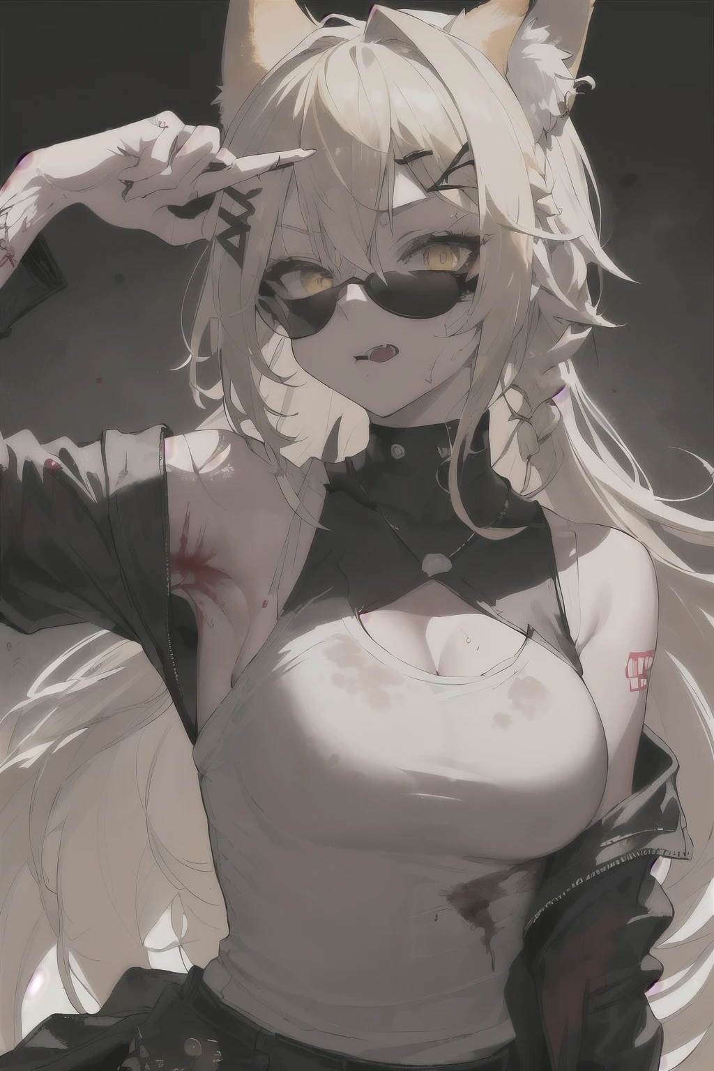 masterpiece, short shorts, masterpiece, best quality, highres, dark persona, watercolor painting theme, (looking at the viewer: 1.1), wide hips, big ass, standing, bent, tojou koneko, yellow eyes, white hair, short hair, hair ornament, white shirt, black ribbon on the neck, tattoo on the abdomen, lust tattoo,