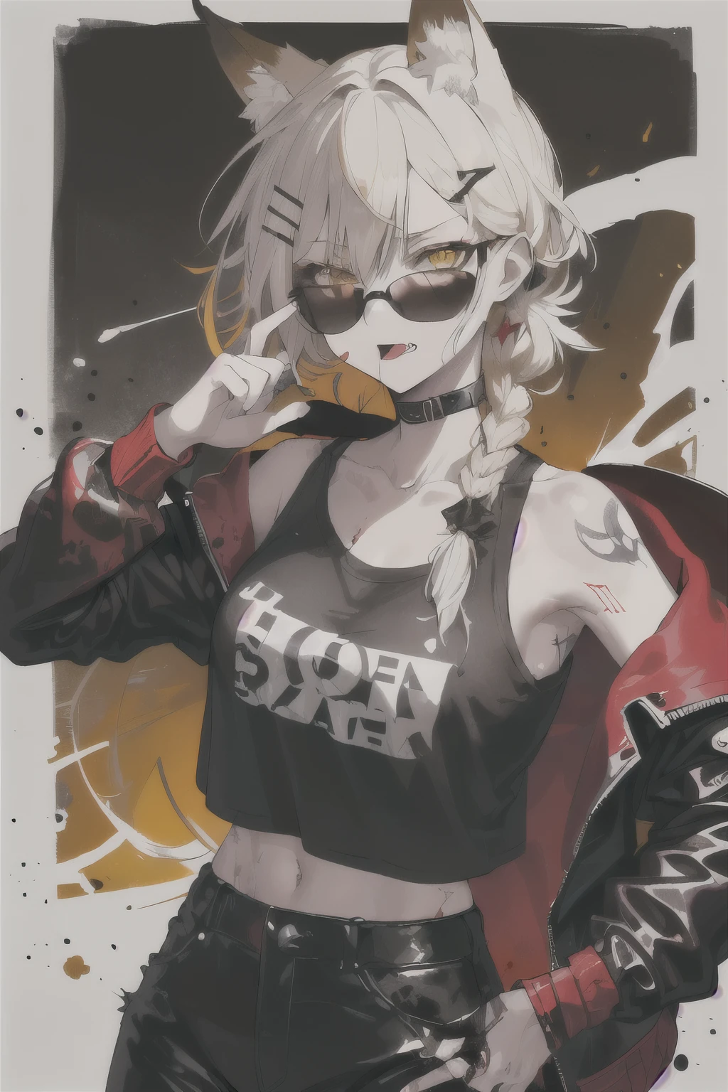 cowboy shot,(neon red), <lora:midfinger-left-v2-wasabiya:.8>, <lora:midfinger-right-v2-wasabiya:.8>, (middle finger), BREAK 1girl,open mouth, (tongue out), sharpteeth, (angry),red eyes, white short hair, (side cut), earrings, slim, BREAK (hood:1.2), turtleneck, simple crimson red background, (monochrome with red:1.3), (in style of caravaggio:.8), (masterpiece:1.2), (sharp:1.2), (qood quality:1.2), (RAW), (8K), (detailed), (photorealistic)