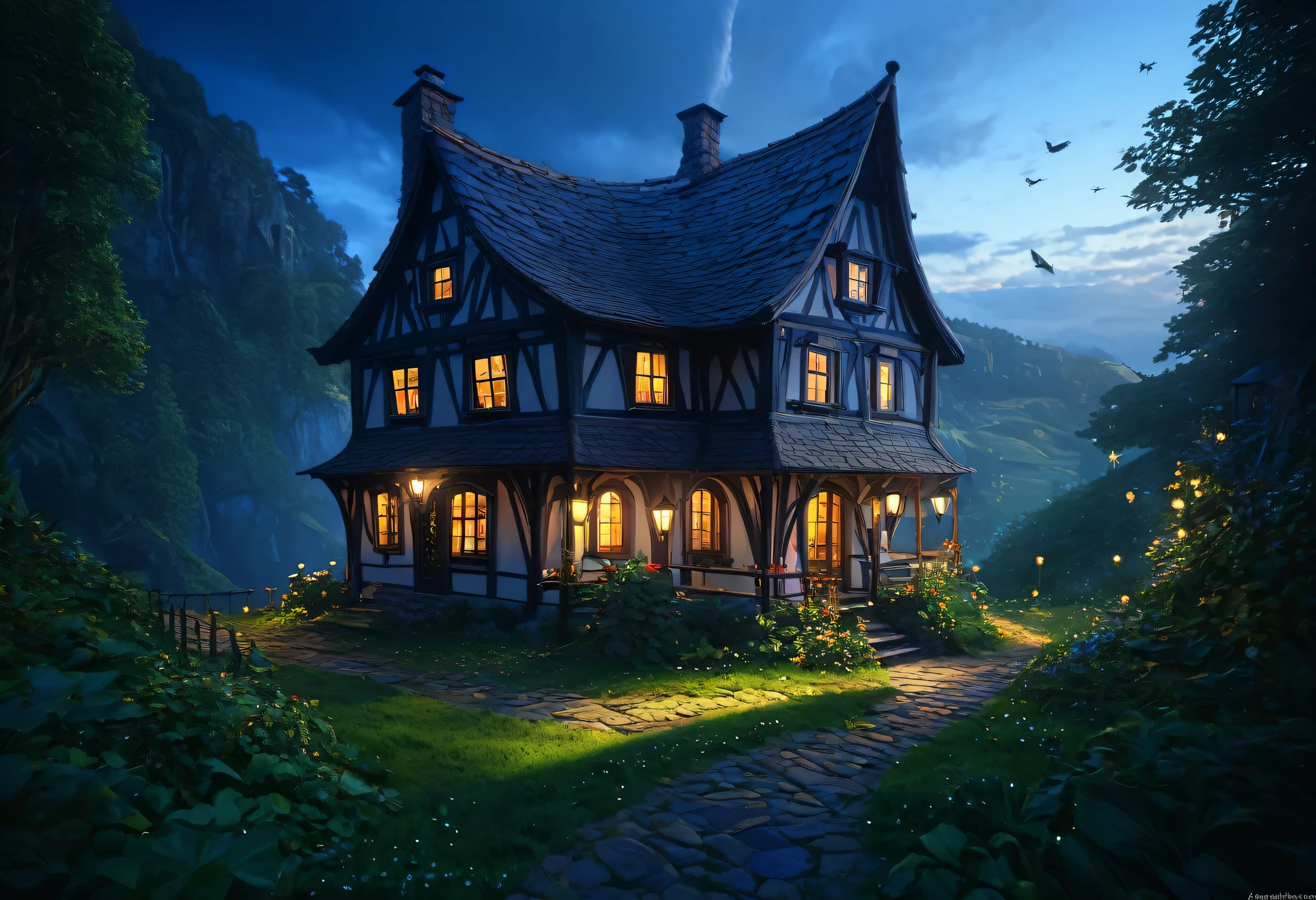 There is a house with many windows and many lights., Beautiful depiction of a fairy tale, realistic Fantasy Rendering, A pleasant and enchanting scene, Inspired by Andreas Rocha, fantasy house, Andreas Rocha Style, Painted by Andreas Rocha, the style of andreas rocha, Fantasy Rendering, Magical Environment, Photorealistic Dark Concept Art, Fantasy style 8k octane rendering