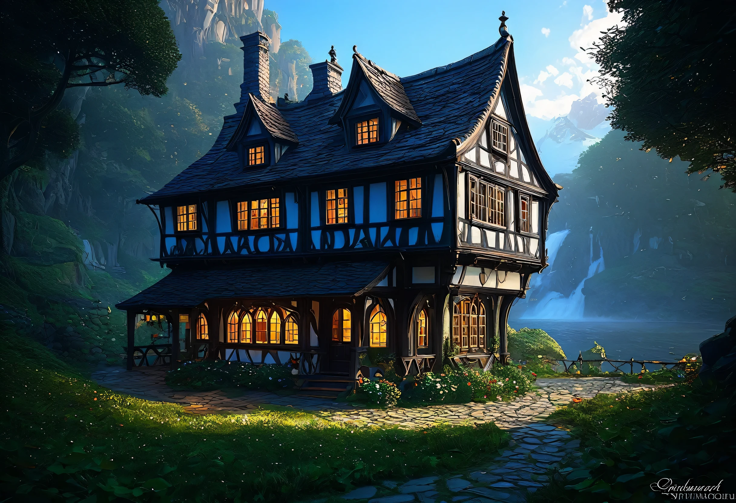 There is a house with many windows and many lights., Beautiful depiction of a fairy tale, realistic Fantasy Rendering, A pleasant and enchanting scene, Inspired by Andreas Rocha, fantasy house, Andreas Rocha Style, Painted by Andreas Rocha, the style of andreas rocha, Fantasy Rendering, Magical Environment, Photorealistic Dark Concept Art, Fantasy style 8k octane rendering
