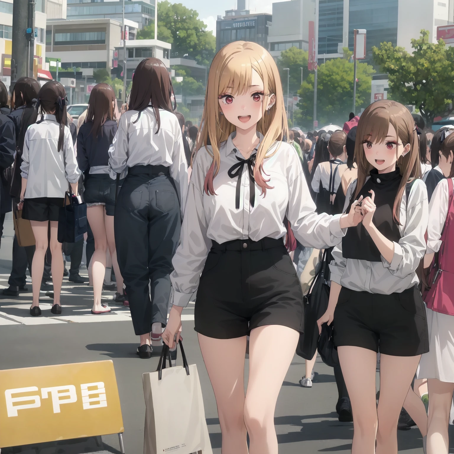 (((Pixel Perfect, Perfect detail))),
Kitagawa Marine SB,
1 girl, alone, teeth, Bright smile, Earrings,
Long Hair, blonde, Red eyes, Colorful Hair, Black Ribbon, black collar,
Black shorts, White shirt, Off the shoulder, tuck your shirt in,
Permanently installed, Looking at the audience,
outdoor activities, Roll up your skirt, Spread your legs,White panties, Japan's famous Comic Market, Many cosplayers, Mr.々Cosplay