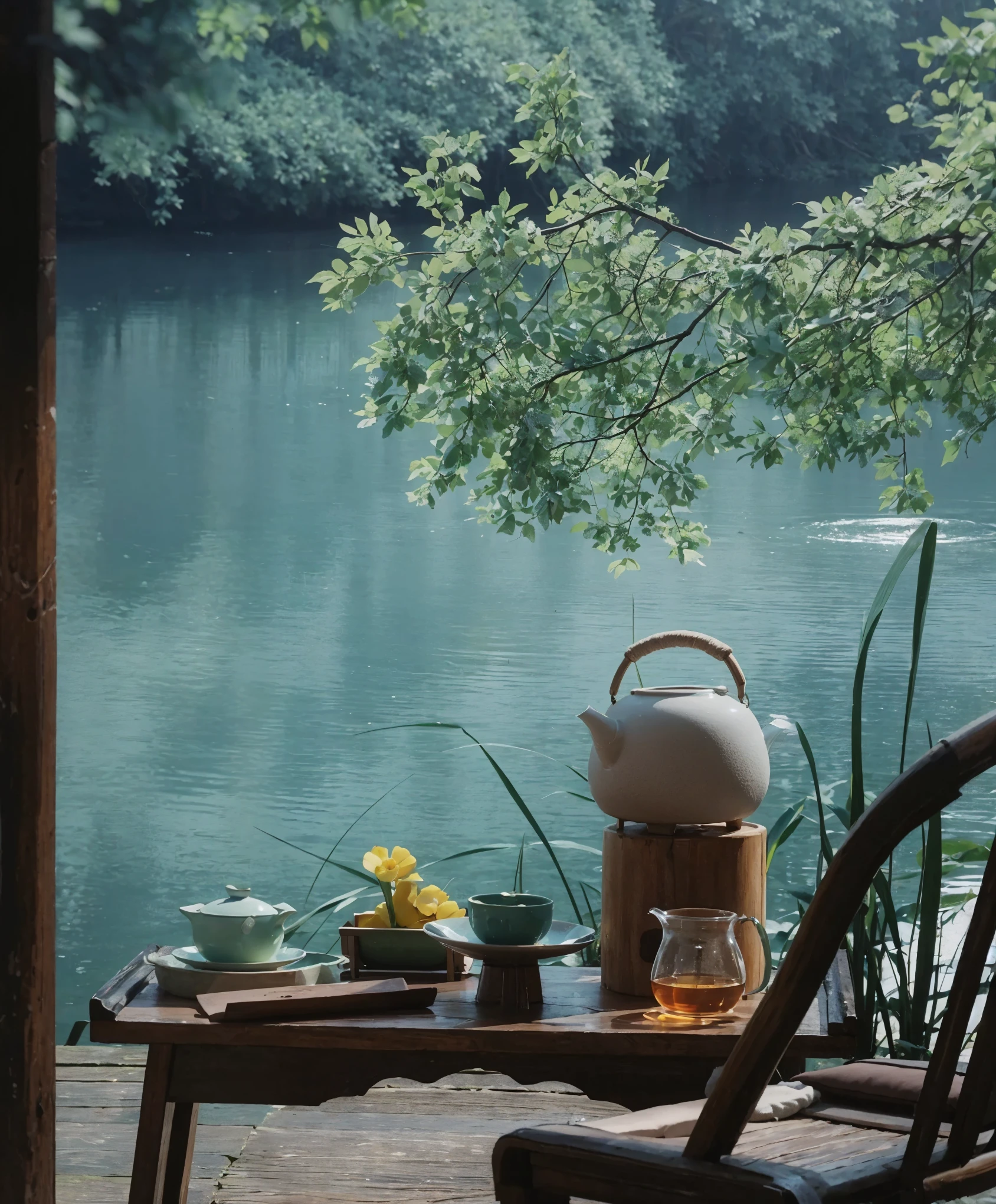 Teapot and teacups on table by the water, Quiet and peaceful atmosphere, Calm afternoon, Peaceful and tranquil, summer morning light, peaceful的景象, 舒适而peaceful的氛围, Peaceful scene, Tea ceremony scene, by Li Mei-shu, 和平与peaceful, Drinking tea and paper lanterns, by Ma Yuanyu, by Mei Qing, peaceful