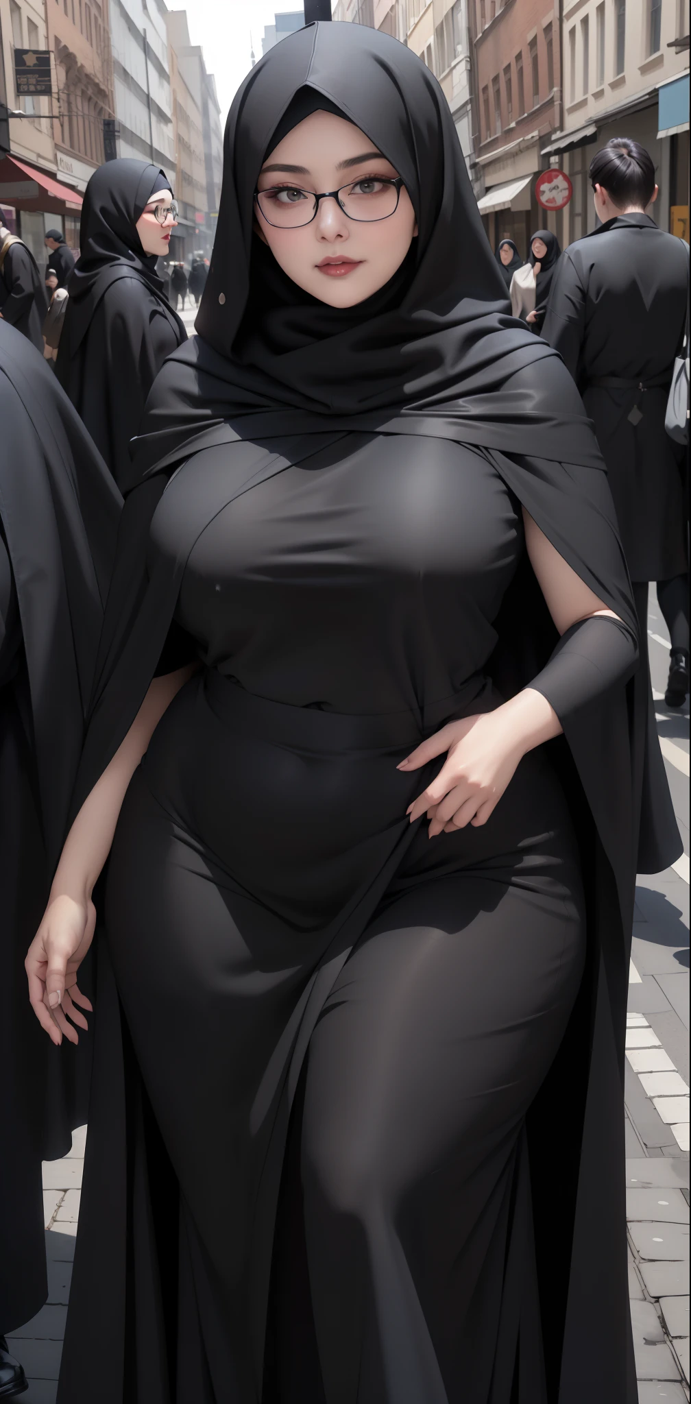 woman in black dress and hijab walking down the street, wearing black clothes and cape, hijab outfit, with a long black cape, hijab fashion model, plus size, plus size woman, wearing black robe, woman in black robes, beautiful burqa's woman, thicc, black outfit,, wearing a black robe, black, with cape, bbwchan , glasses 