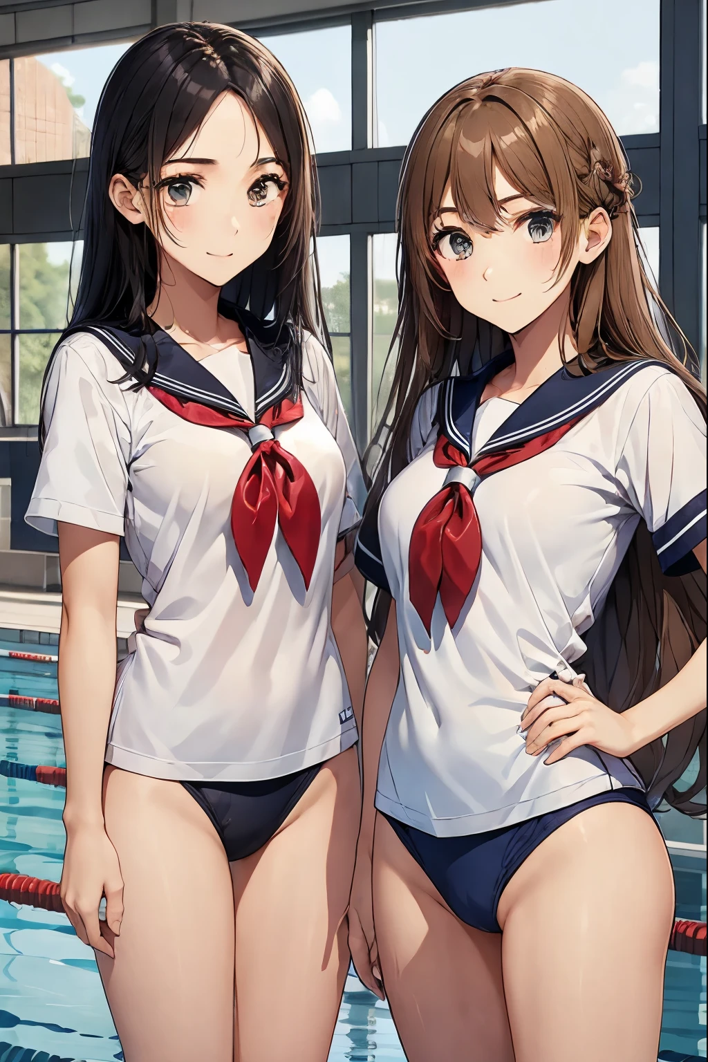 School swimming pool、two high school girls、seductive smile、School Swimsuit、