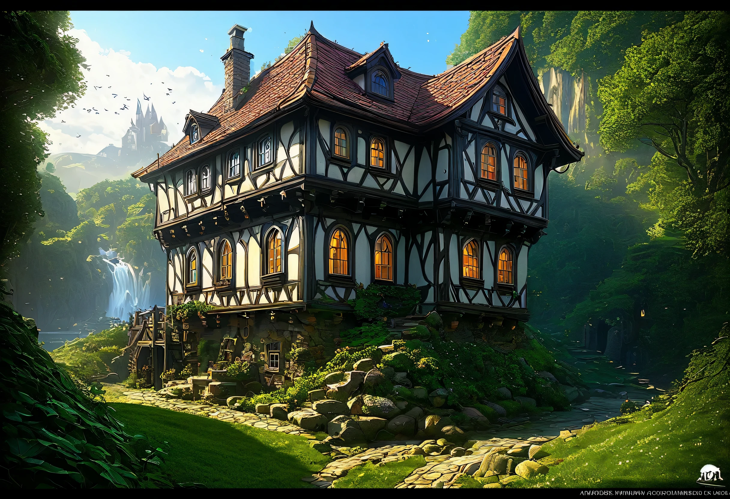 There is a house with many windows and many lights., Concept art inspired by Andreas Rocha, Polycount Contest Winners, Fantasy art, Beautiful depiction of a fairy tale, realistic Fantasy Rendering, A pleasant and enchanting scene, fantasy house, Andreas Rocha Style, Painted by Andreas Rocha, the style of andreas rocha, Fantasy Rendering, Magical Environment