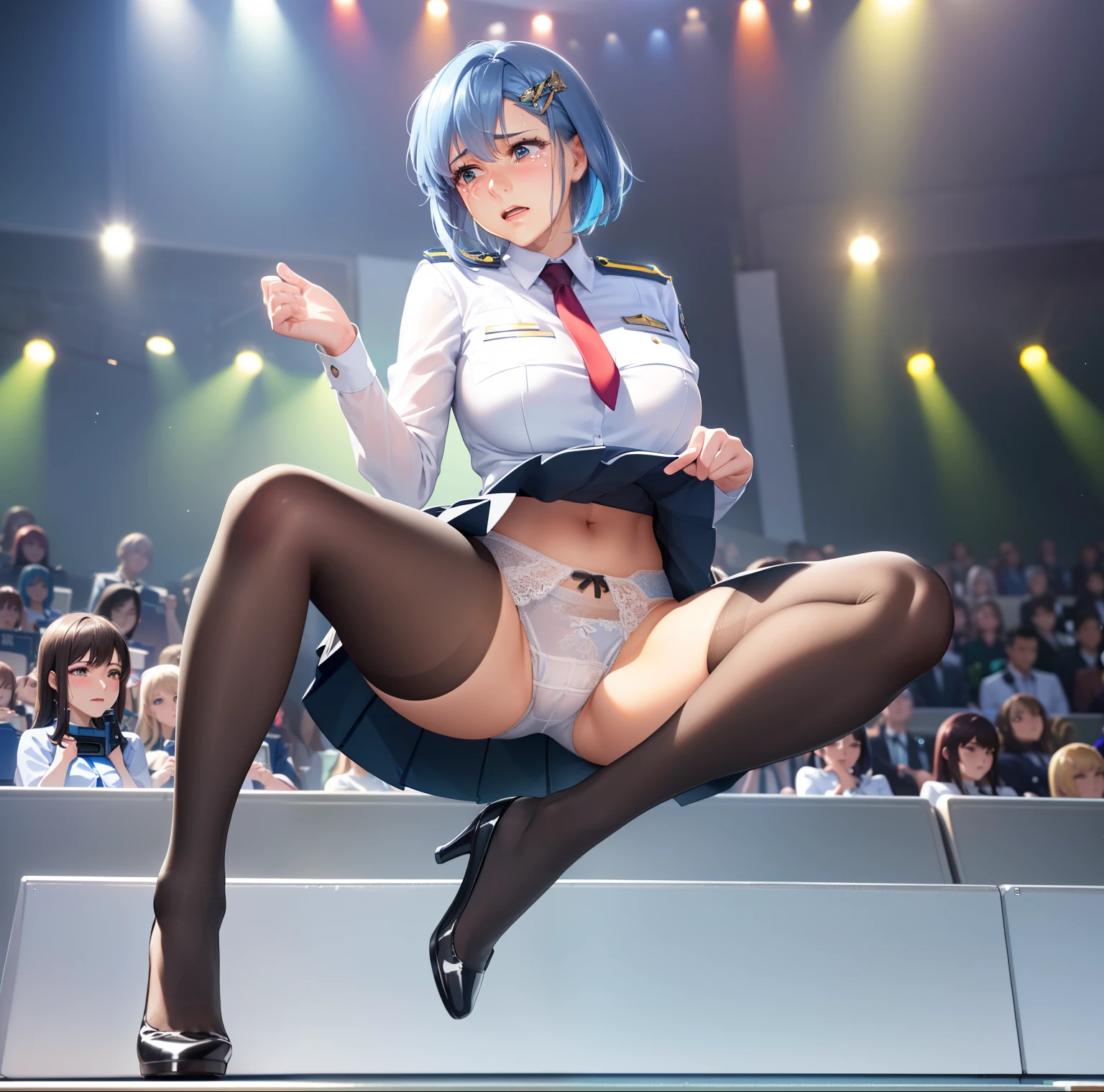 One Girl, Shiny skin, 最high quality, (Game CG:1.4), Browsing Caution, Beautiful face and eyes in every detail,Big Tits、Small lingerie, Severe, Big ample breasts、((最high quality)), (Very detailed), (Very detailed CG 統合 8k 壁紙), Very detailed, High resolutionのRAWカラー写真, Professional photography,From below, (((White lace panties)))、I can see your face、(((A regretful look))),(((Embarrassed face)))、(((Are crying)))、(((Anguished expression)))、Glaring, Angry、(((Her white panties are visible through the)))、((White underwear pattern))、Dancing、((((She is embarrassed that the audience has seen her panties))))、 (((She forgot to put on her underwear so her underwear was completely visible)))、dancing, (((The audience is happy to see her panties))), (((A crowd of spectators point their cameras at her panties))), ((Nipples are visible))、Full Shot、(((Her skirt is flipped up))),(born, 最high quality, masterpiece:1.5), (Realistic, Intricate details:1.2), 超High resolution, (high quality, High resolution, The finer details), alone, Curvy Women, blush, Sweat, Oily skin, Shallow depth of field,(masterpiece、最high quality、High resolution、Unity 8k wallpaper、Very detailedCG:1)、(Awareness-raising:1.0)、One Girl、最high quality、8Kmasterpiece、((software)), ((multiple girls)), (18-year-old female, Beautiful detailed woman, policewoman),( Blue Hair),(short hair),White and thin uniform,(Black leather micro mini skirt), ((With a shy look:1.5)), Huge breasts, Hard nipples, Slim Waist, Thick thighs, Ultra mini skirt, ((Black Pantyhose)), (((I'll lift my skirt to show you my pantyhose))), ((Leg spread)), (Please open your legs),, look down,((Skirt Lift)),(((Boldly flip up the skirt)))
