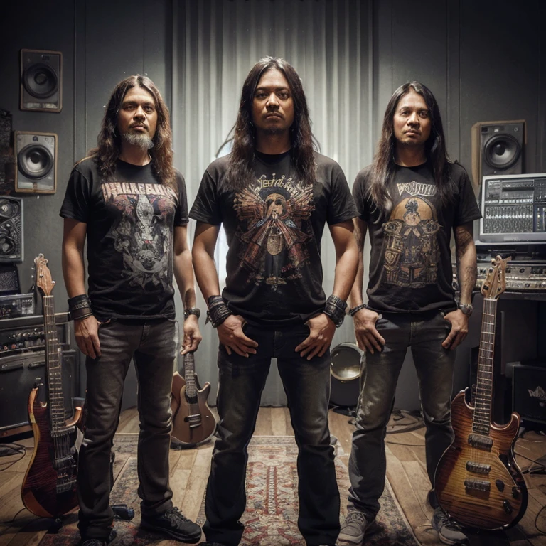 realistic photo of three male Indonesian metal musicians aged 45 years standing in a music studio. 2 people carrying guitars and 1 person standing in the middle