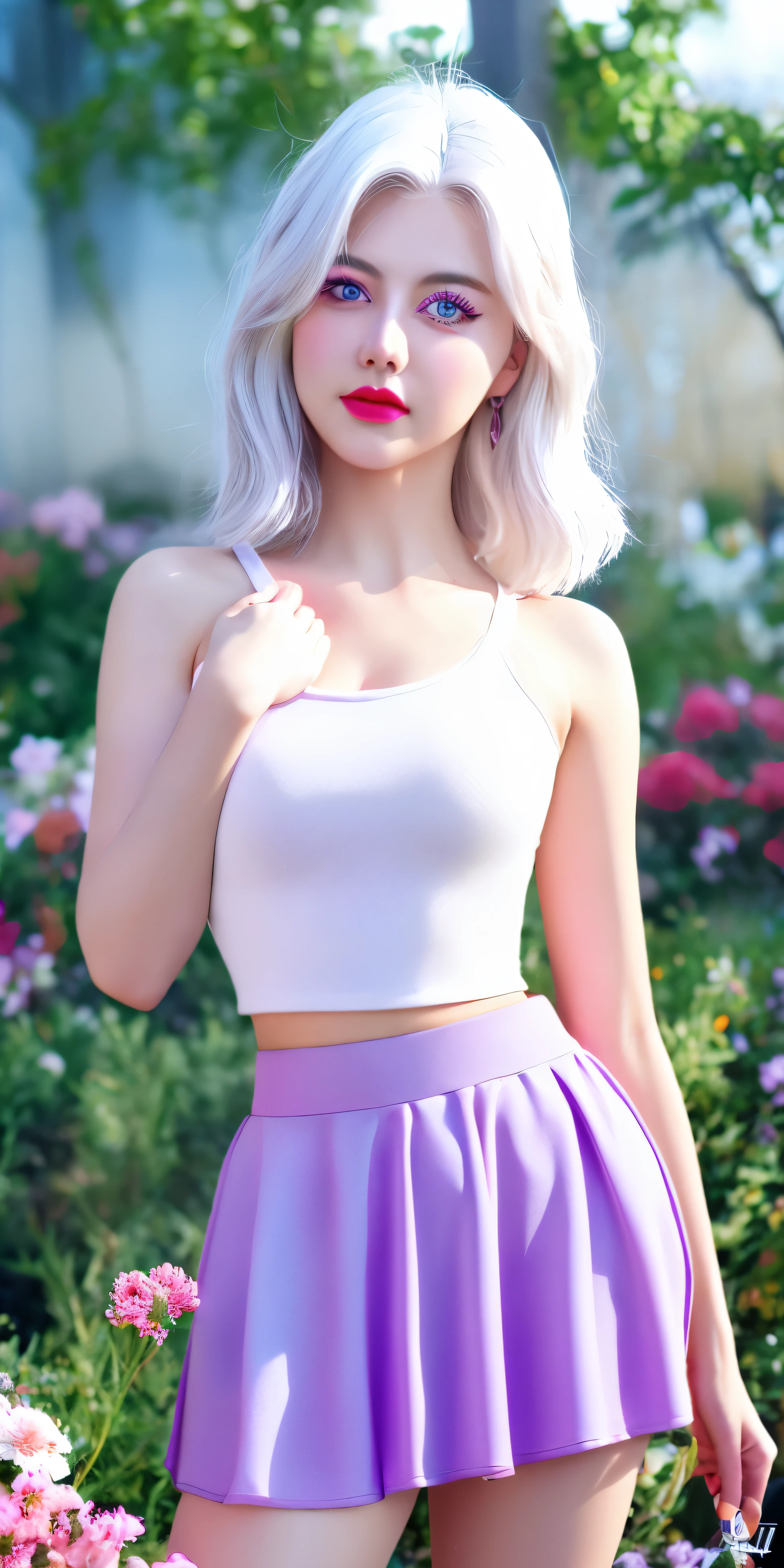 realistic, 1girl, white hair, purple eyes, glowing eyes, crop top, skirt, parted lips, blush, night, flowers, sun, sunlight,