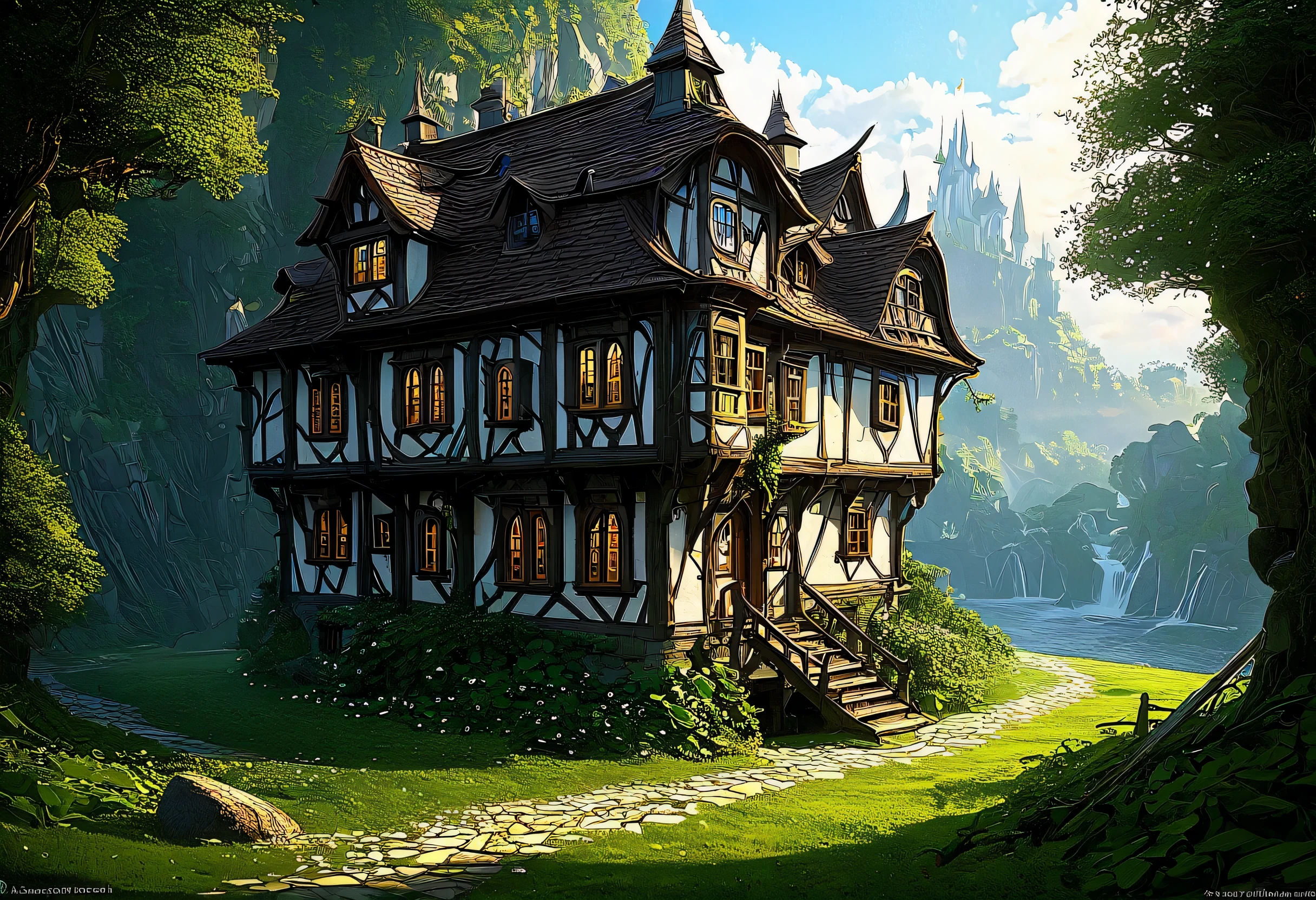 There is a house with many windows and many lights., Concept art inspired by Andreas Rocha, Polycount Contest Winners, Fantasy art, Beautiful depiction of a fairy tale, realistic Fantasy Rendering, A pleasant and enchanting scene, fantasy house, Andreas Rocha Style, Painted by Andreas Rocha, the style of andreas rocha, Fantasy Rendering, Magical Environment