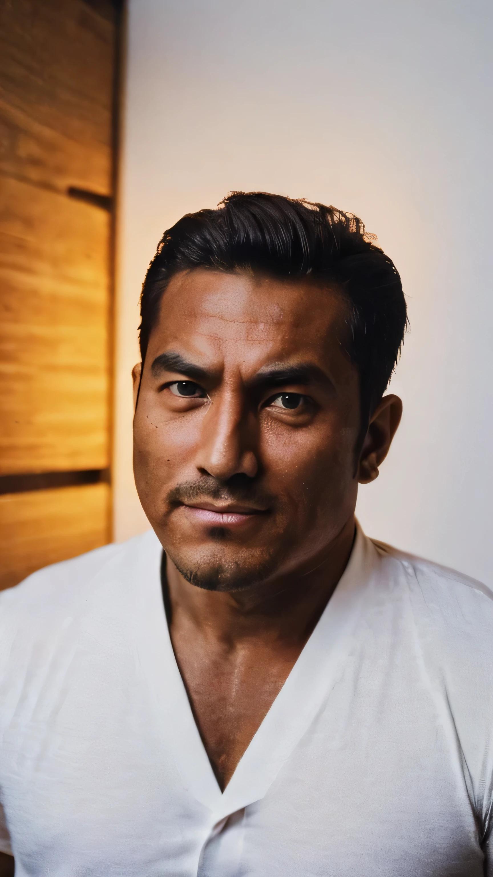 A thick,strong、Very bulky young muscle,View here、young men,(Small build:1.6)(Japanese man with tanned brown skin:1.6)、(Skin lackluster:1.3)、(Chubby:1.0)(Sunburn:0.4)、Very Smooth Skin、japanese men、Round face、(Very manly face:1.2)、(Masculine face:0.4)、(muscle fat:0.ung face:1.0)Chubby、(Big pectoral muscles:0.4)fat body(mongoloid face:1.3),(Facial details:1.6),(Very short stature:1.2)、A man in a black shirt is looking at the camera, (Studio Lighting), (highest quality, High resolution), (Realistic), (Vibrant colors), (Portraiture), (Minor color grading), (Soft natural light), (Bokeh), (Fine details), (Expressive eyes), (Sharp focus), (Subtle Shadows), (Confident expression), (stylish haircut), (Dark Background), (Strong contrast), (Beautiful composition), (Strong gaze), (smile), (Smooth skin texture), (Neat shirt collar), (Neat hair styling), (Gentlemanly appearance), (A captivating presence), (Artistically captchastic), (Professional photography), (Captivating Portrait), (Impressive visual impact), (Timeless elegance), (Classic black and white), (Dramatic lighting), (Mysterious atmosphere), (Sublime Aura), (perfect pose), (Impressive personality), (Sophisticated charm), (Perfect Style), (Stimulating Expressions), (Artistic photography), (A beautifully composed shot), (Interesting facial features), (Perfect description).