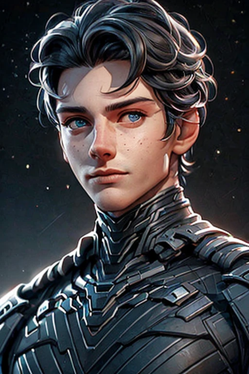 Portrait of a man Paul Atreides in a black and gray stillsuit, posing for a photo, focus on the eyes, freckles, cyber boy, pretty face, gray hair, shiny photos, desert background, high quality pictures