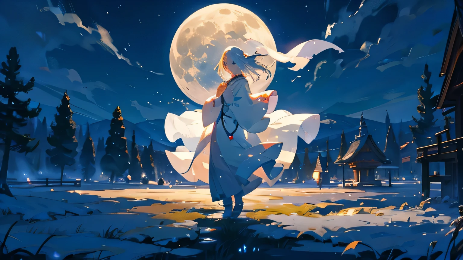 White cloth ghost From the fabric2Book with hands growing Flying in the night sky The full moon fills the field of vision Shrine grounds